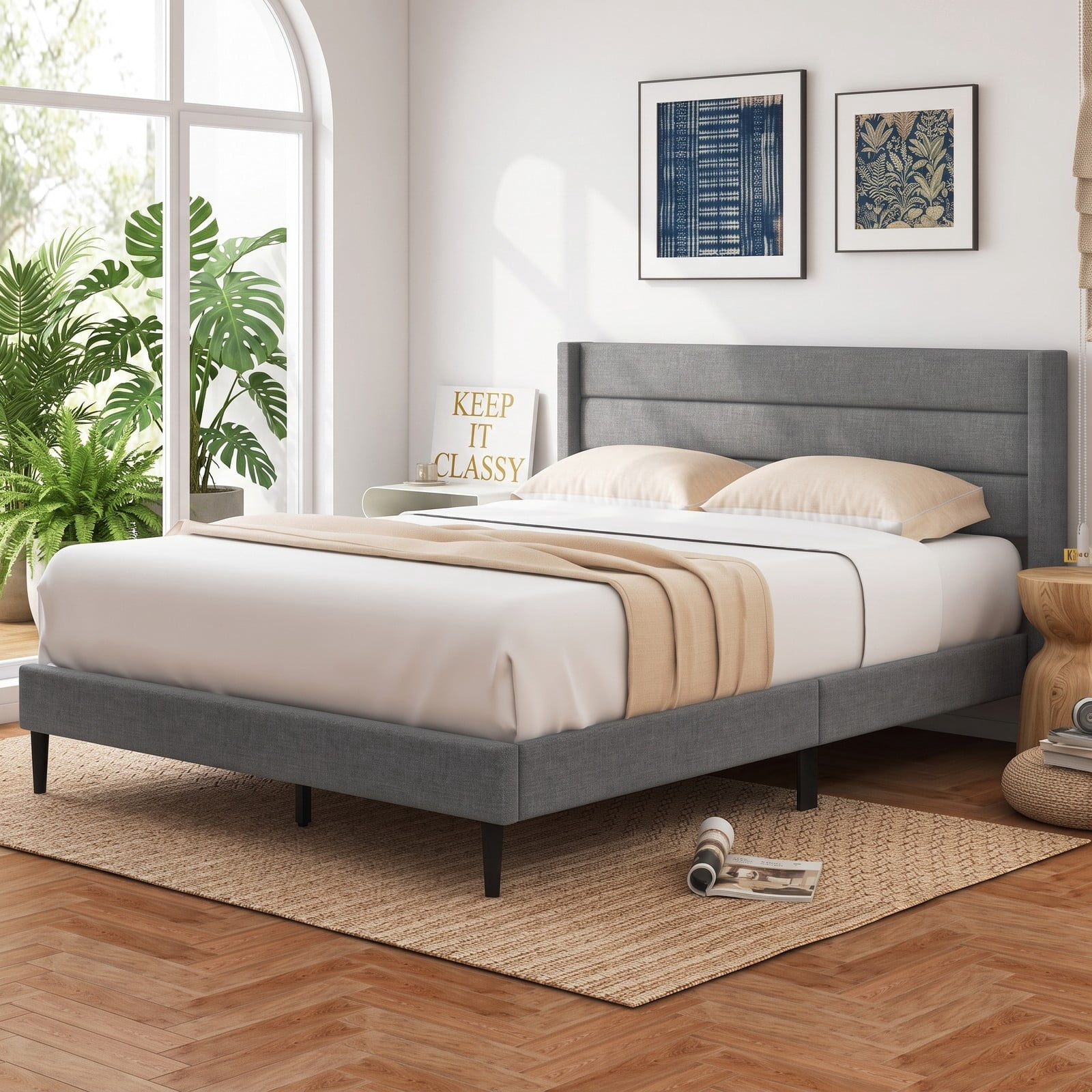 Furnibear Queen Bed Frame with Headboard, Linen Upholstered Platform Bed Frame with Wingback Channel Headboard and Wood Slats, Gray