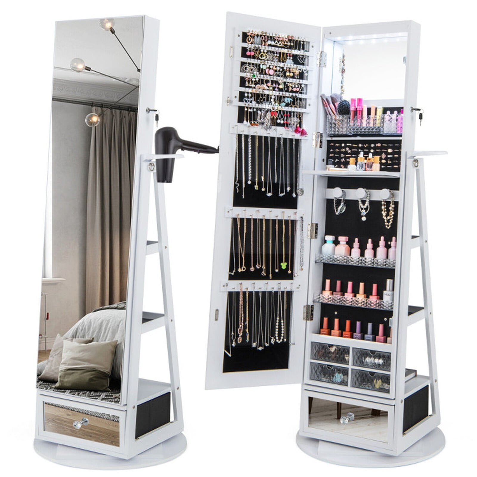 Furnibear Lockable 360° Swivel Jewelry Cabinet with Full-Length Mirror LED Lights for Bedroom Dressing Room Jewelry Necklace Rings Storage, White