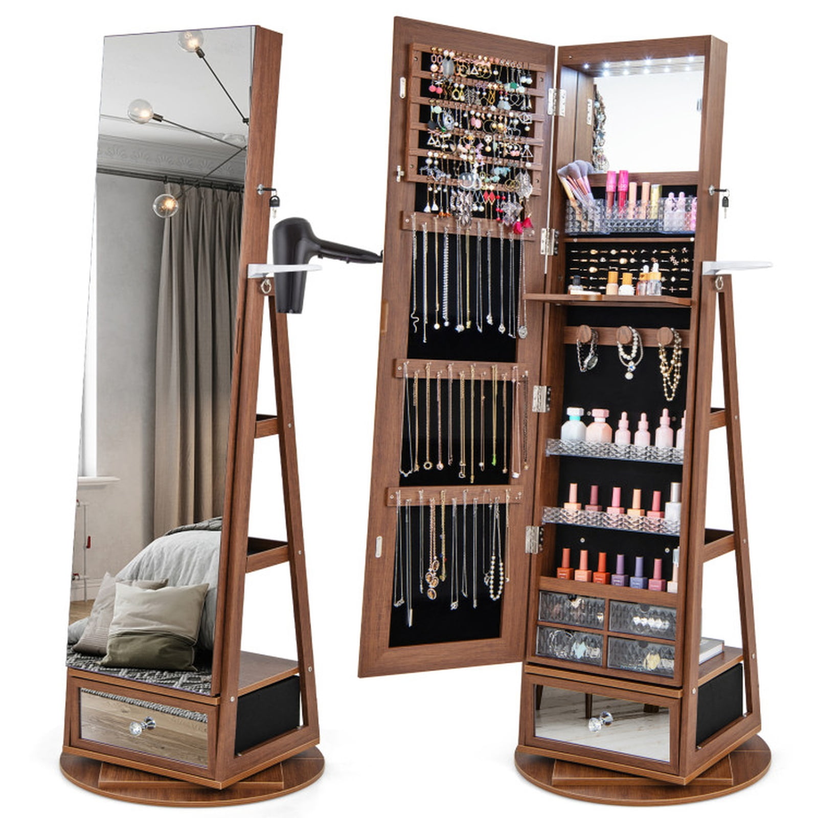 Furnibear Lockable 360 Swivel Jewelry Cabinet with Full, Walnut - Full Length Mirror Cabinet for Rings Necklaces Earrings