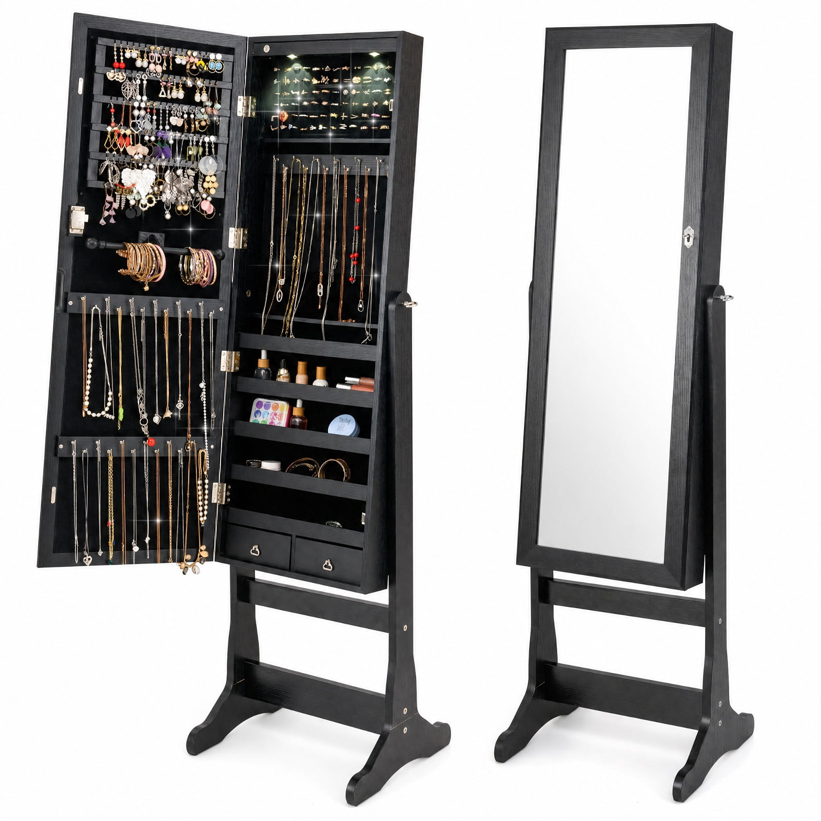 Furnibear Lockable Freestanding Jewelry Cabinet Armoire with Full-Length Mirror and Lights for Bedroom Dressing Room Jewelry Necklace Rings, Black
