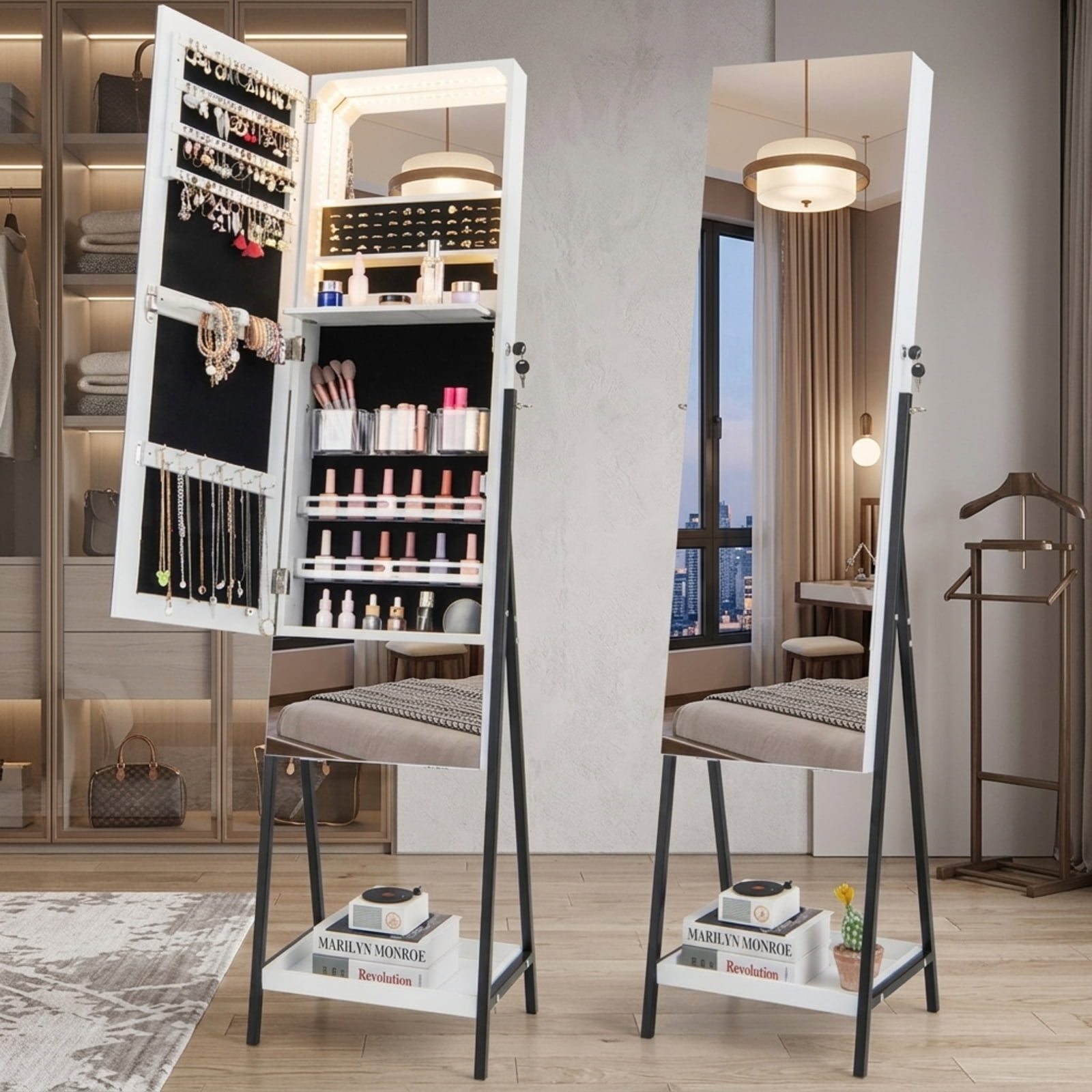 Furnibear Lockable Freestanding Jewelry Organizer with Full-Length Frameless Mirror for Bedroom Dressing Room Jewelry Necklace Rings Storage, White