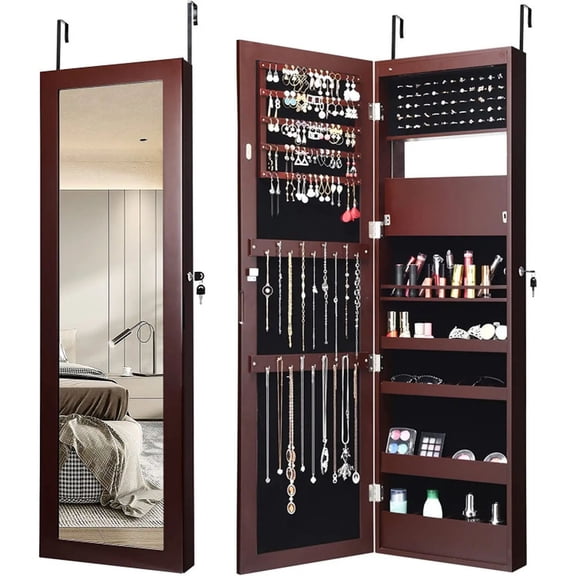 Furnibear Lockable Wall Door Mounted Mirror Jewelry Cabinet w/LED Lights, Brown - Bedroom Dressing Room Accessory Storage