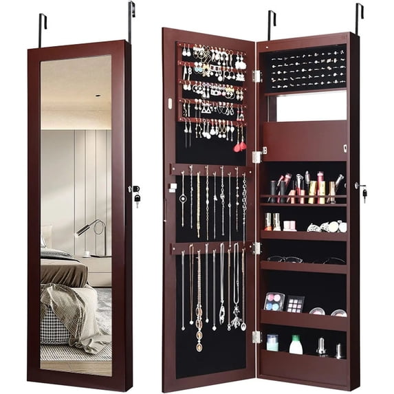 Furnibear Lockable Wall Door Mounted Mirror Jewelry Cabinet w/LED Lights, Brown - Bedroom Dressing Room Accessory Storage