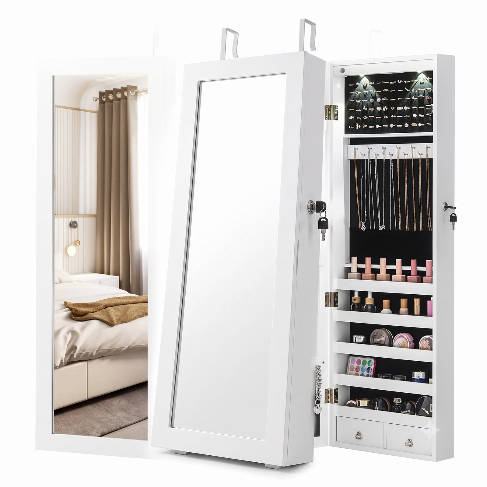 Furnibear Lockable Wall and Door Mounted Jewelry Cabinet with Full-Length Mirror and 8 LED Lights for Bedroom Rings and Necklace Storage, White