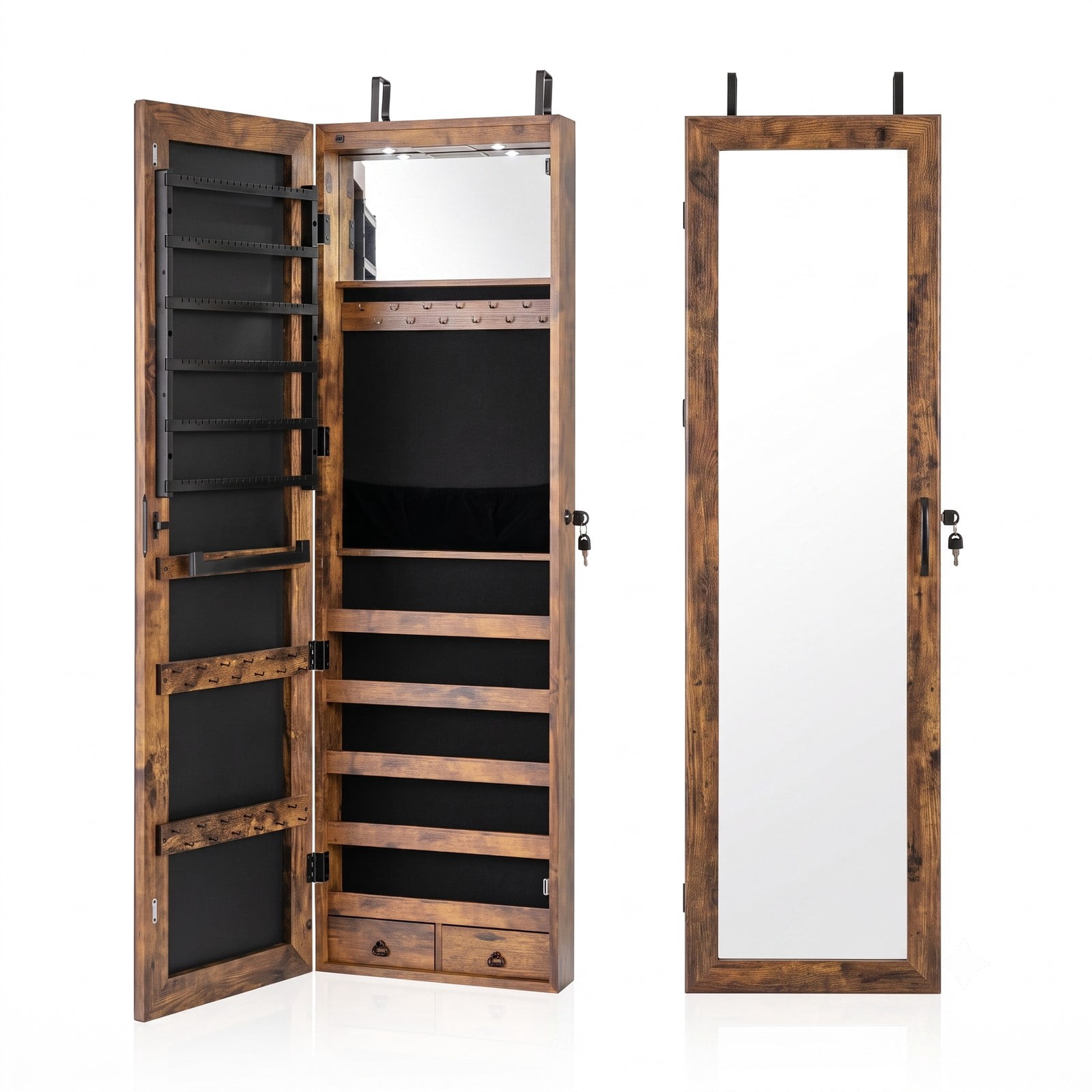 Furnibear Lockable Wall and Door Mounted Jewelry Cabinet with Full-Length Mirror and LED Lights for Bedroom Ring and Necklace Storage, Rustic Brown