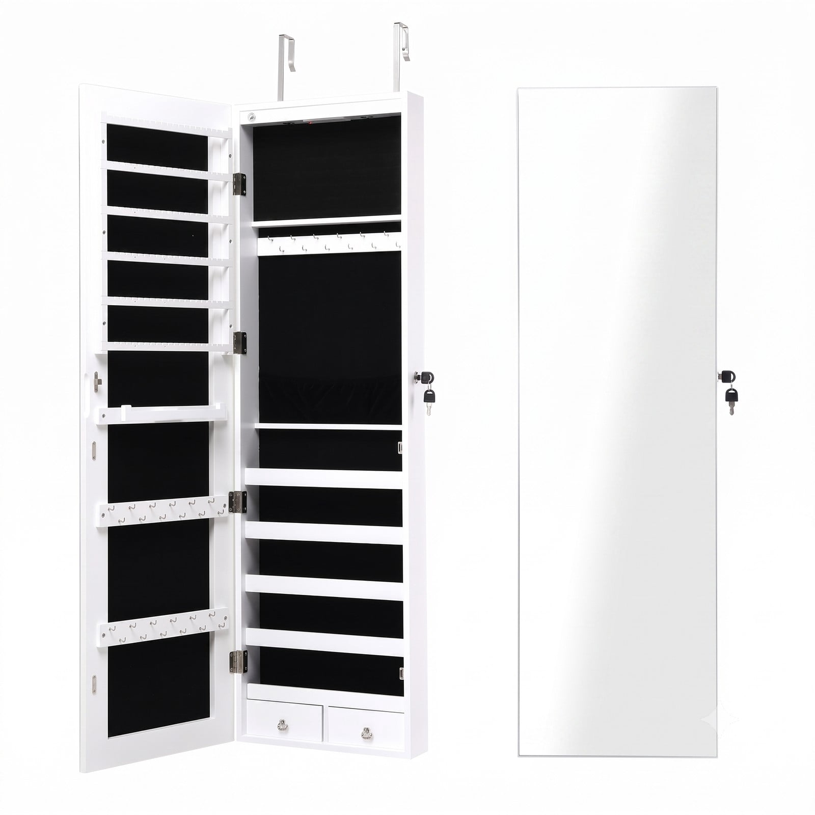 Furnibear Lockable Wall and Door Mounted Jewelry Cabinet with Full-Length Mirror and LED Lights for Bedroom Ring and Necklace Storage, White