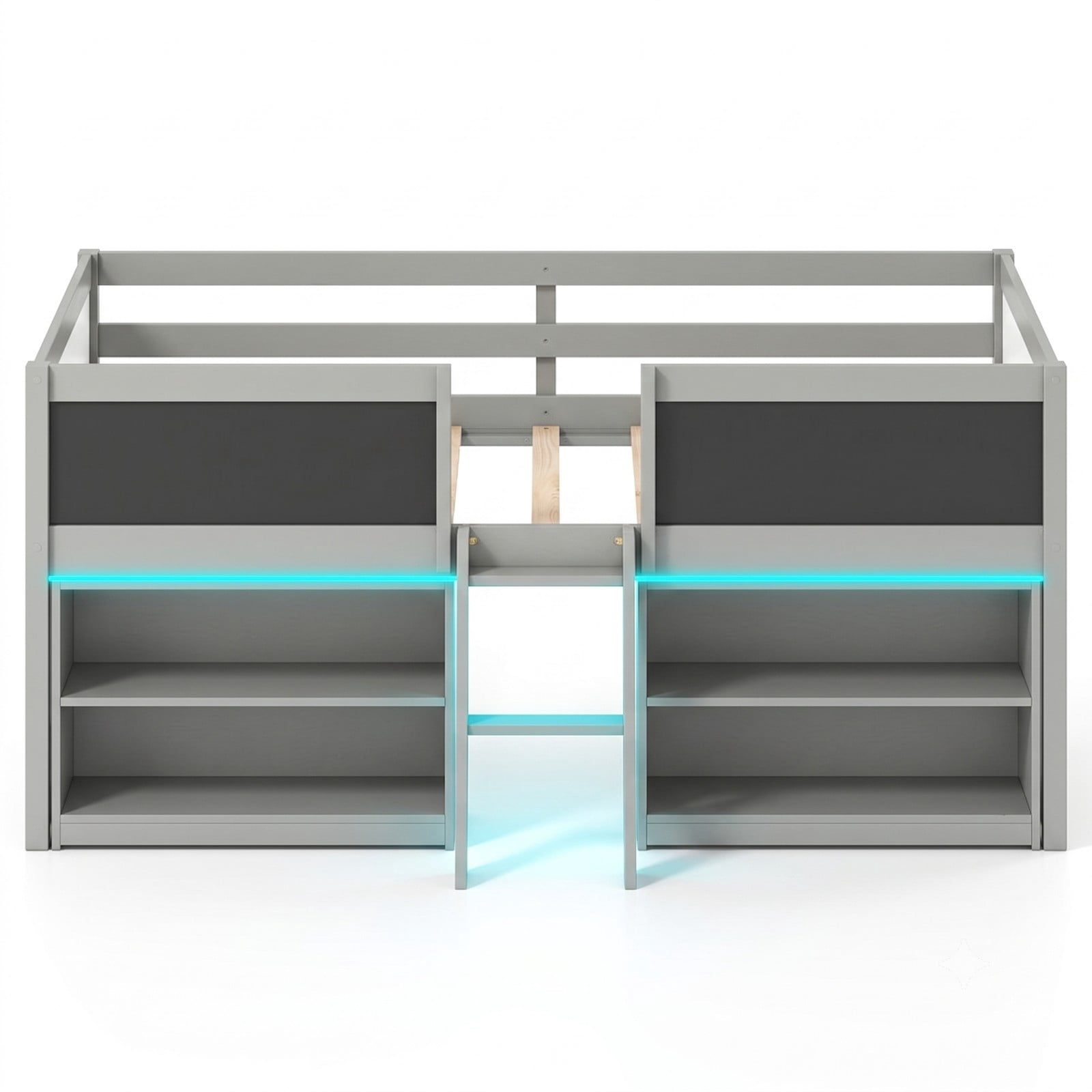 Furnibear Low Loft Bed with LED Lights and Bookcases for Kids Bedroom, Space-Saving Wood Cabin Bed with Storage Shelves and Chalkboard, Gray