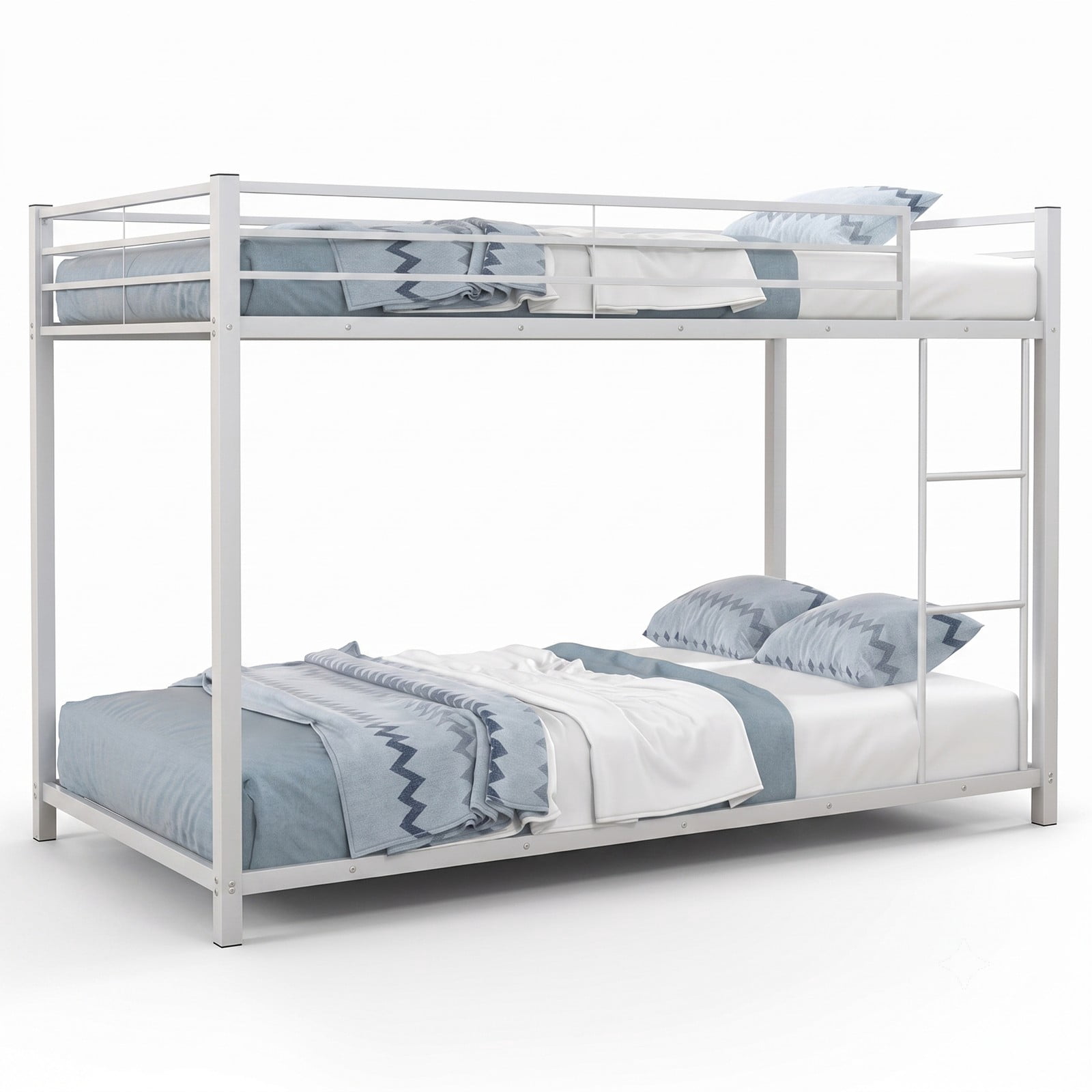 Furnibear Low Profile Twin Over Twin Metal Bunk Bed with Full-length Guardrails and Ladder for Kids and Shared Bedrooms, White