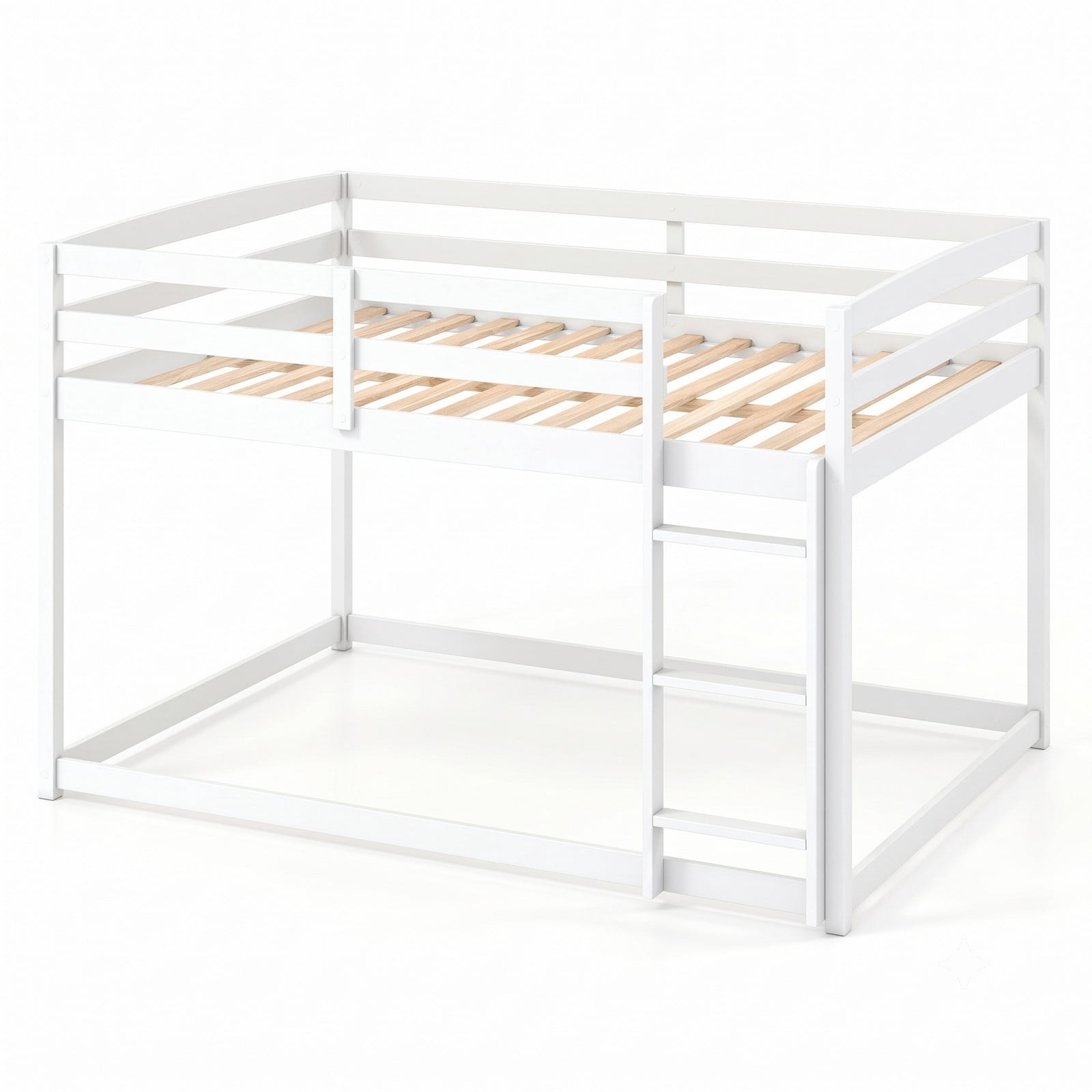 Furnibear Low-to-ground Full Over Full Wood Bunk Bed with Integrated Ladder and Safety Guardrails for Kids Shared Rooms, White