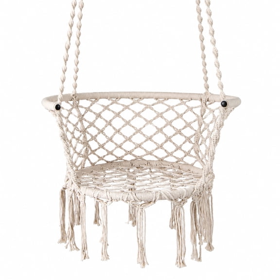 Furnibear Macrame Hammock Chair Hanging Cotton Rope Swing with Woven Seat and Fringe Trim for Bedroom Porch and Balcony, Beige