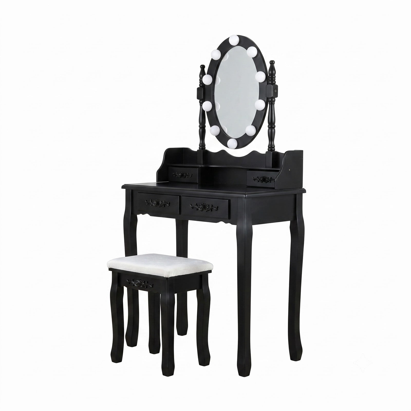 Furnibear Makeup Dressing Table with Touch Switch Lighted Mirror and Cushioned Stool, Vanity Desk with 4 Drawers and 10 LED Bulbs, Black