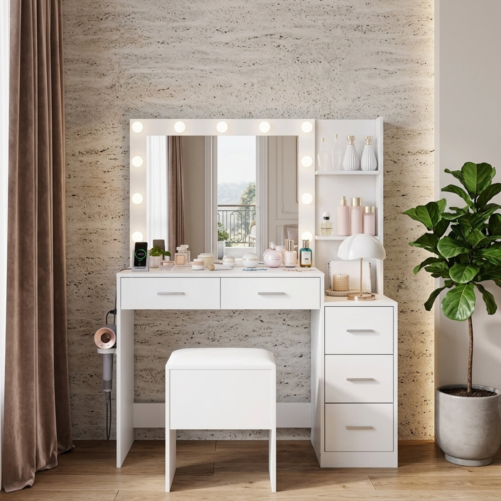 Furnibear Makeup Table and Stool Set with Hair Dryer Stand for Bedroom Makeup Dressing Room Vanity Desk Mirror Set, White