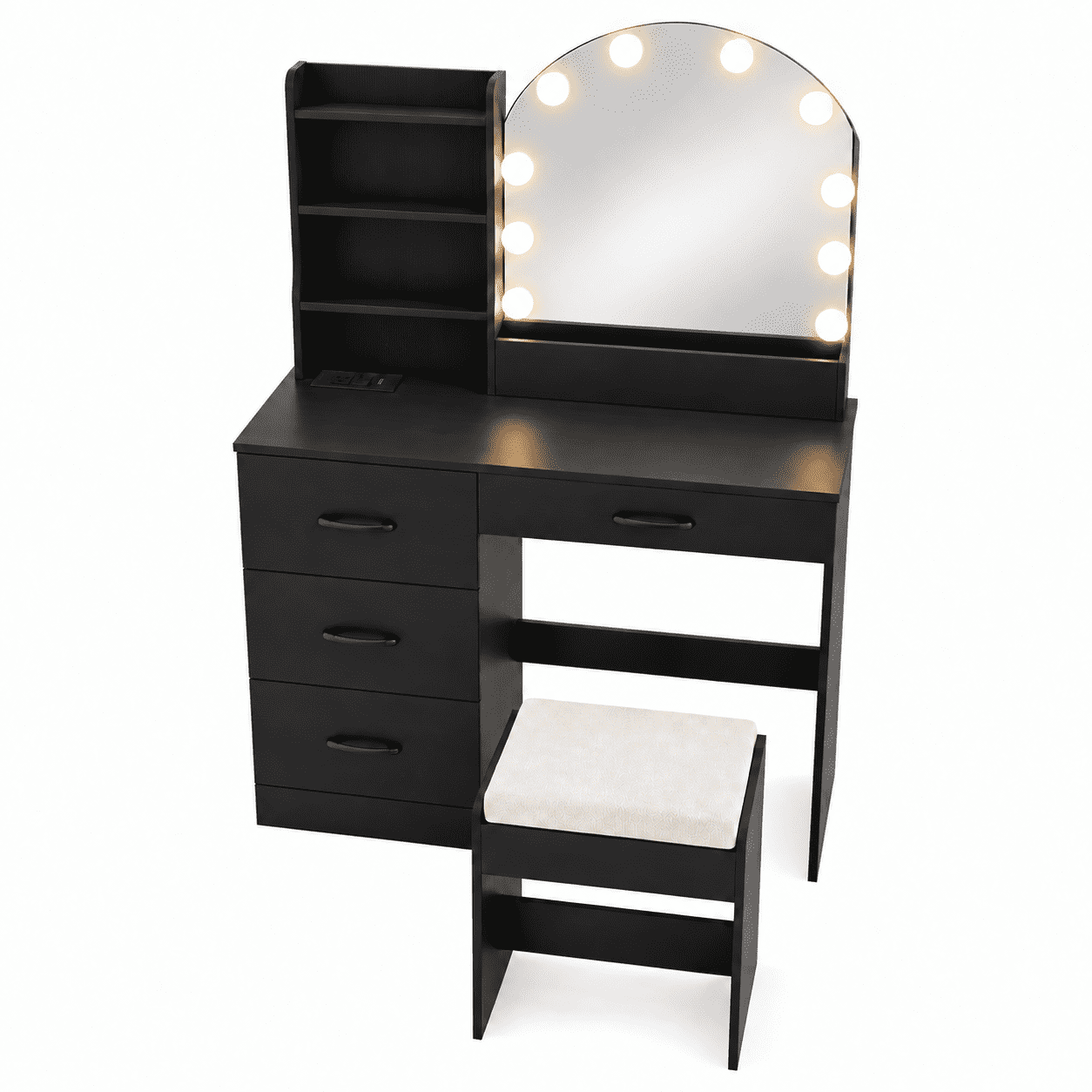 Furnibear Makeup Vanity Desk with Lighted Mirror, Dressing Table and Cushioned Stool Set with Wireless Charging Station and Drawers, Black