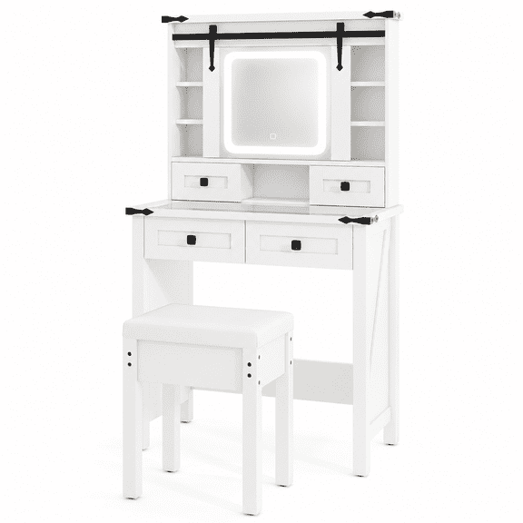 Furnibear Makeup Vanity Desk with 3-Color Lighted Mirror, Dressing Table with 4 Drawers, Sliding Storage Shelves and Cushioned Stool for Bedroom, White