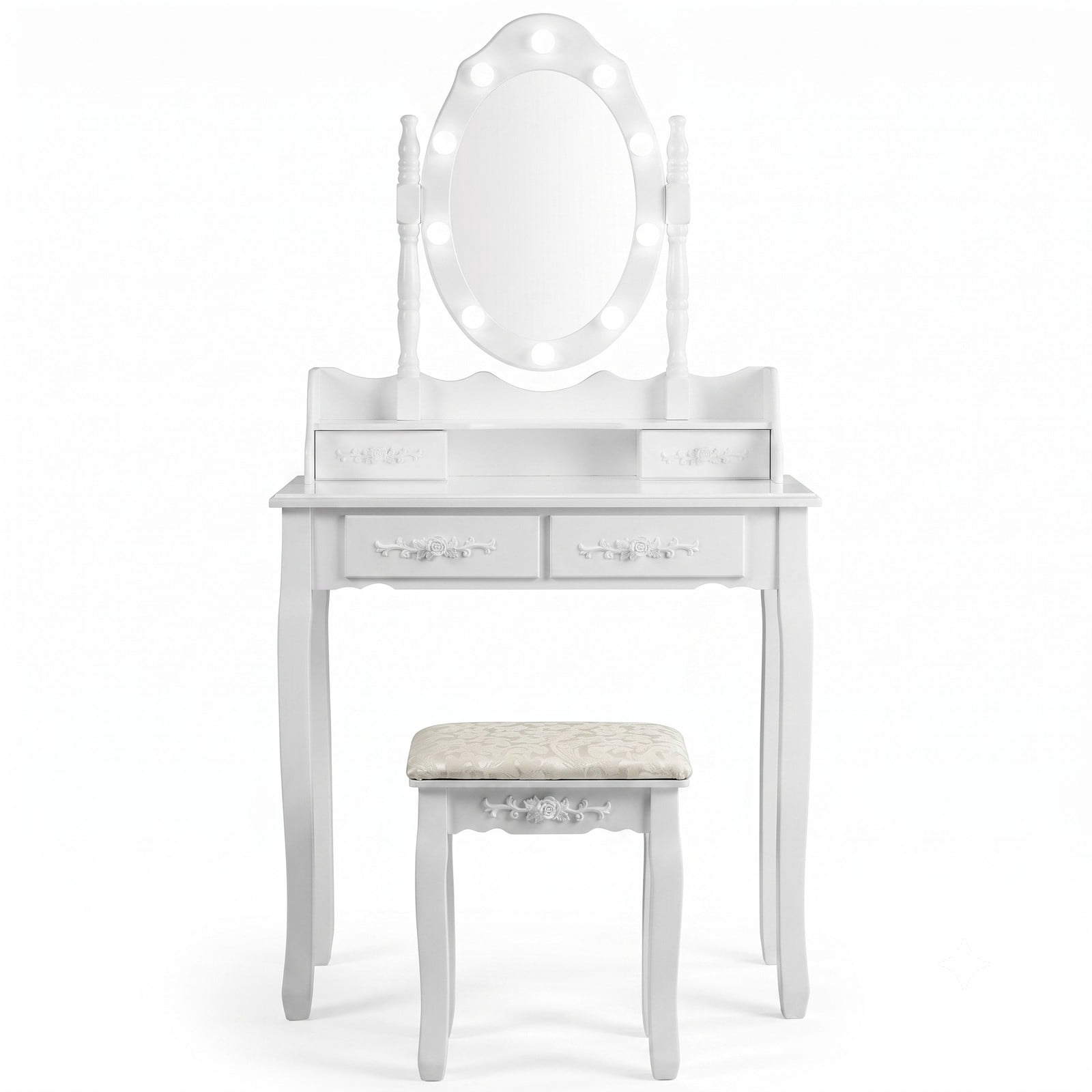 Furnibear Makeup Vanity Table Set with Dimmable Lighted Mirror 4 Drawers Cushioned Stool Wood Legs for Bedroom, White