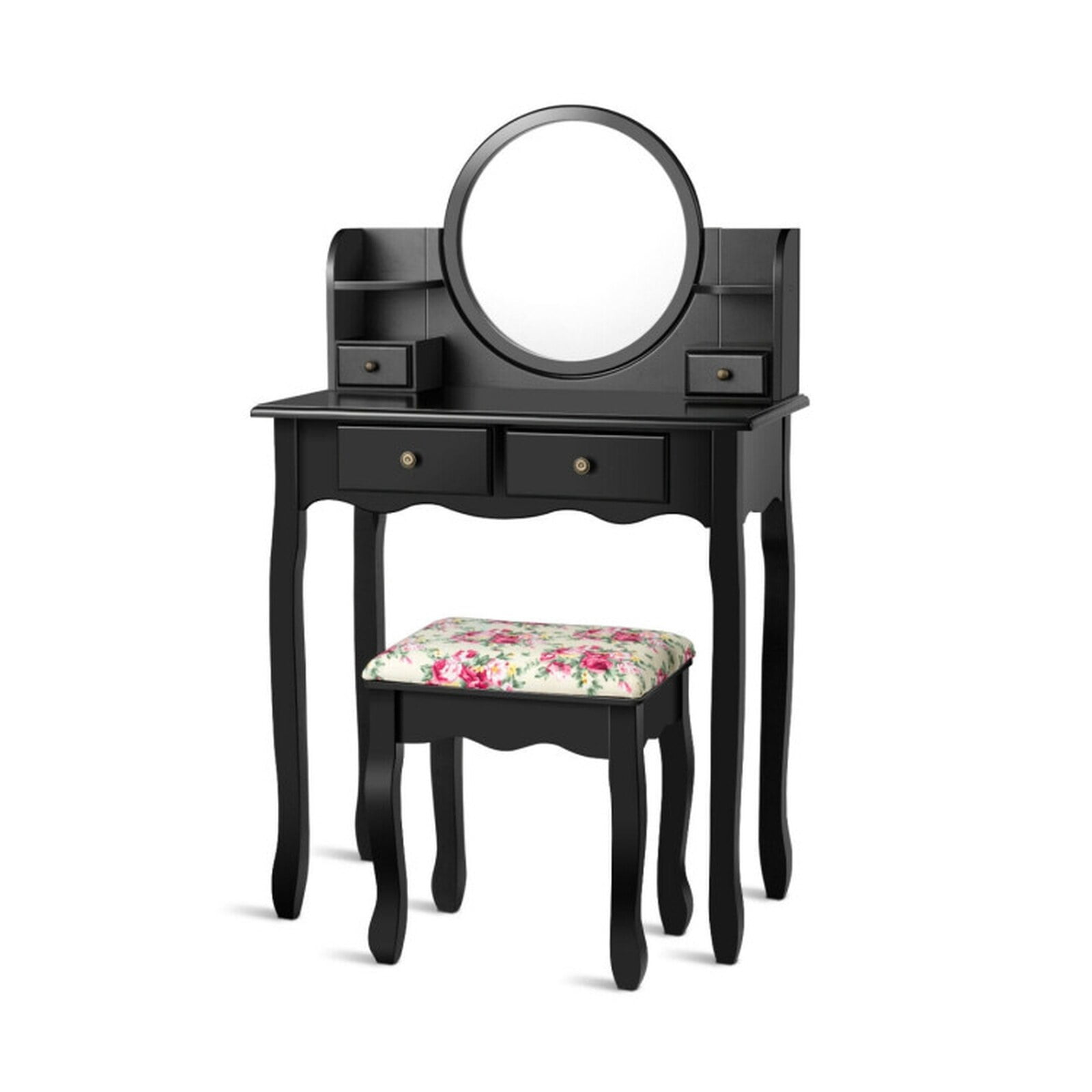 Furnibear Makeup Vanity Table Set Girls Dressing Table with Drawers Oval Mirror for Bedroom Makeup Dressing Room Vanity Desk Mirror Set, Black