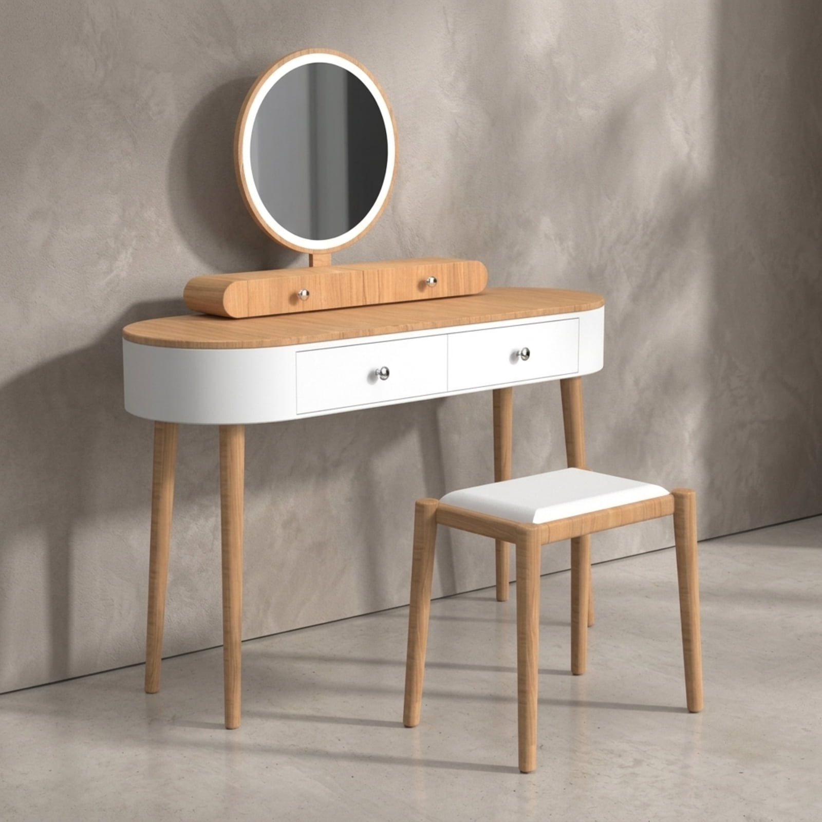 Furnibear Makeup Vanity Table Set with LED Mirror and 3 Spacious Drawers for Bedroom Makeup Dressing Room Vanity Desk Mirror Set, Natural