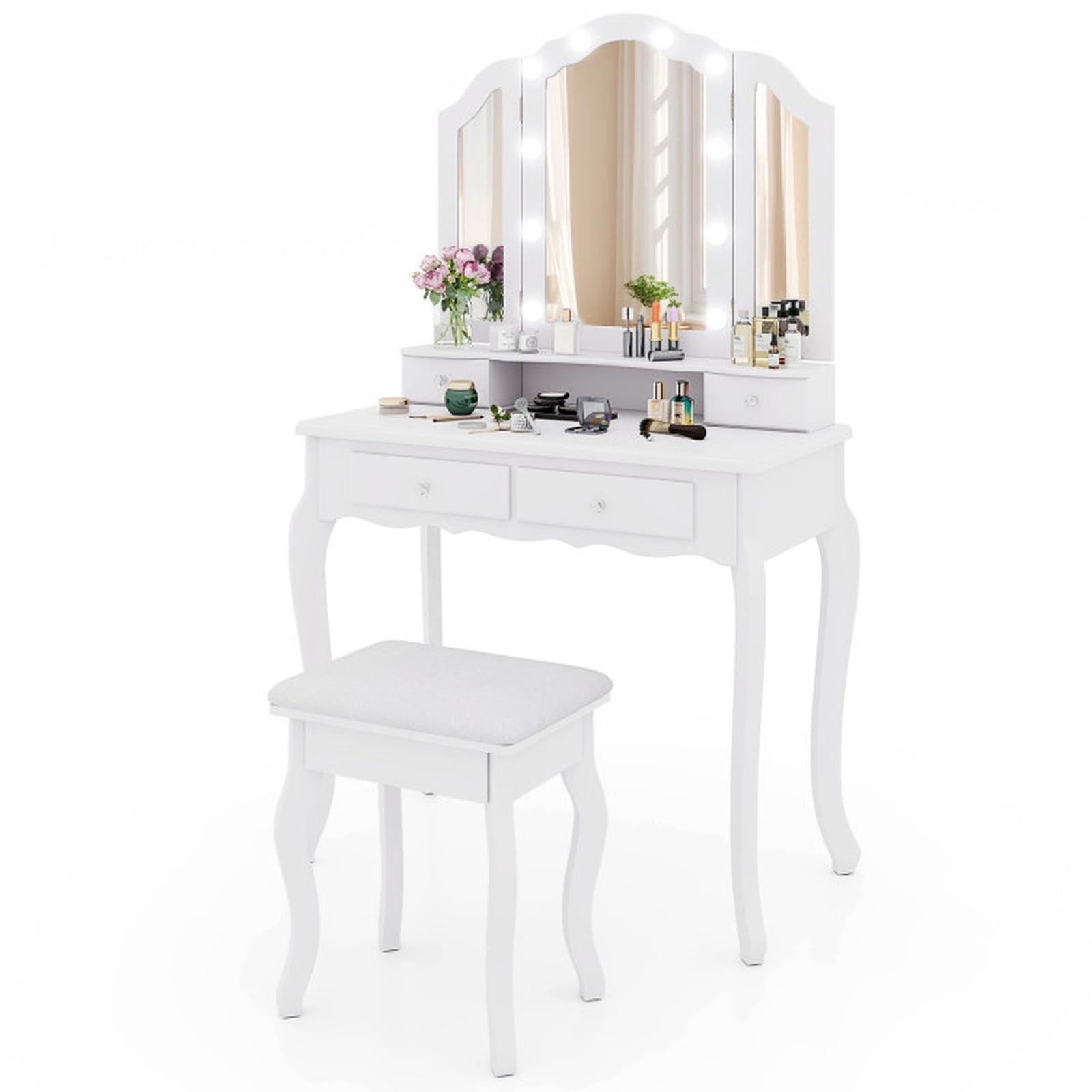 Furnibear Makeup Vanity Table Set with Lighted Mirror and Drawers for Bedroom Makeup Dressing Room Vanity Desk Mirror Set, White