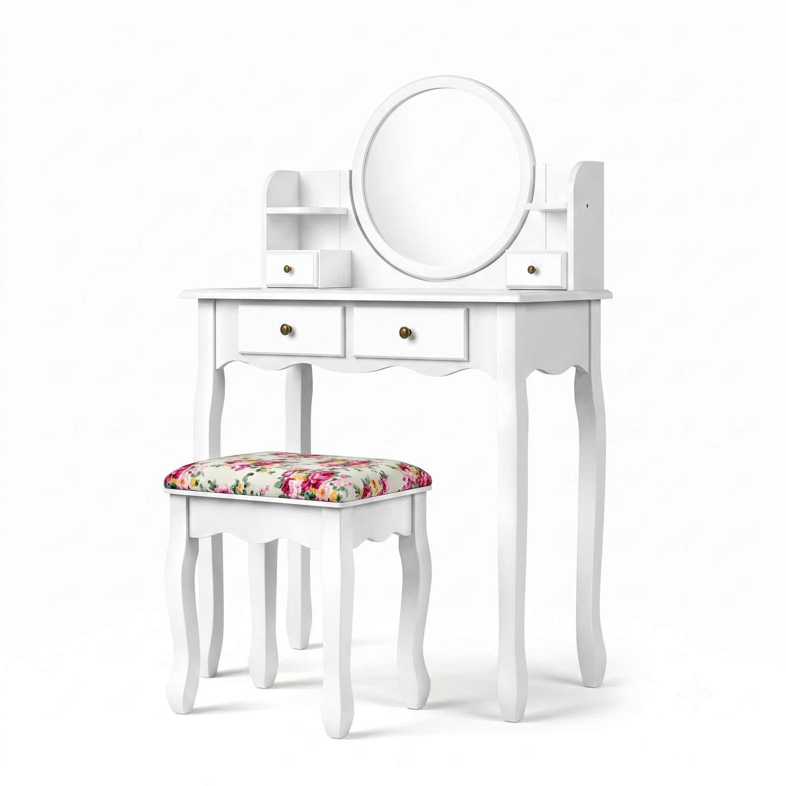 Furnibear Makeup Vanity Table Set Girls Dressing Table with 360-Degree Round Mirror 4 Drawers Cushioned Stool, White
