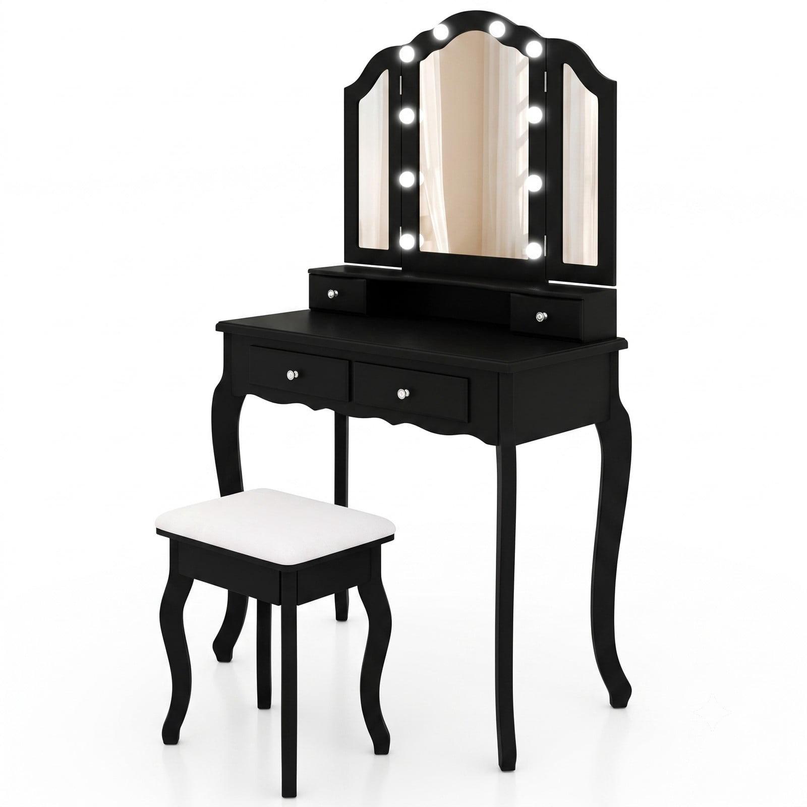 Furnibear Makeup Vanity Table Set with Tri Folding Lighted Mirror and Drawers and Cushioned Stool for Bedroom and Dressing Room, Black