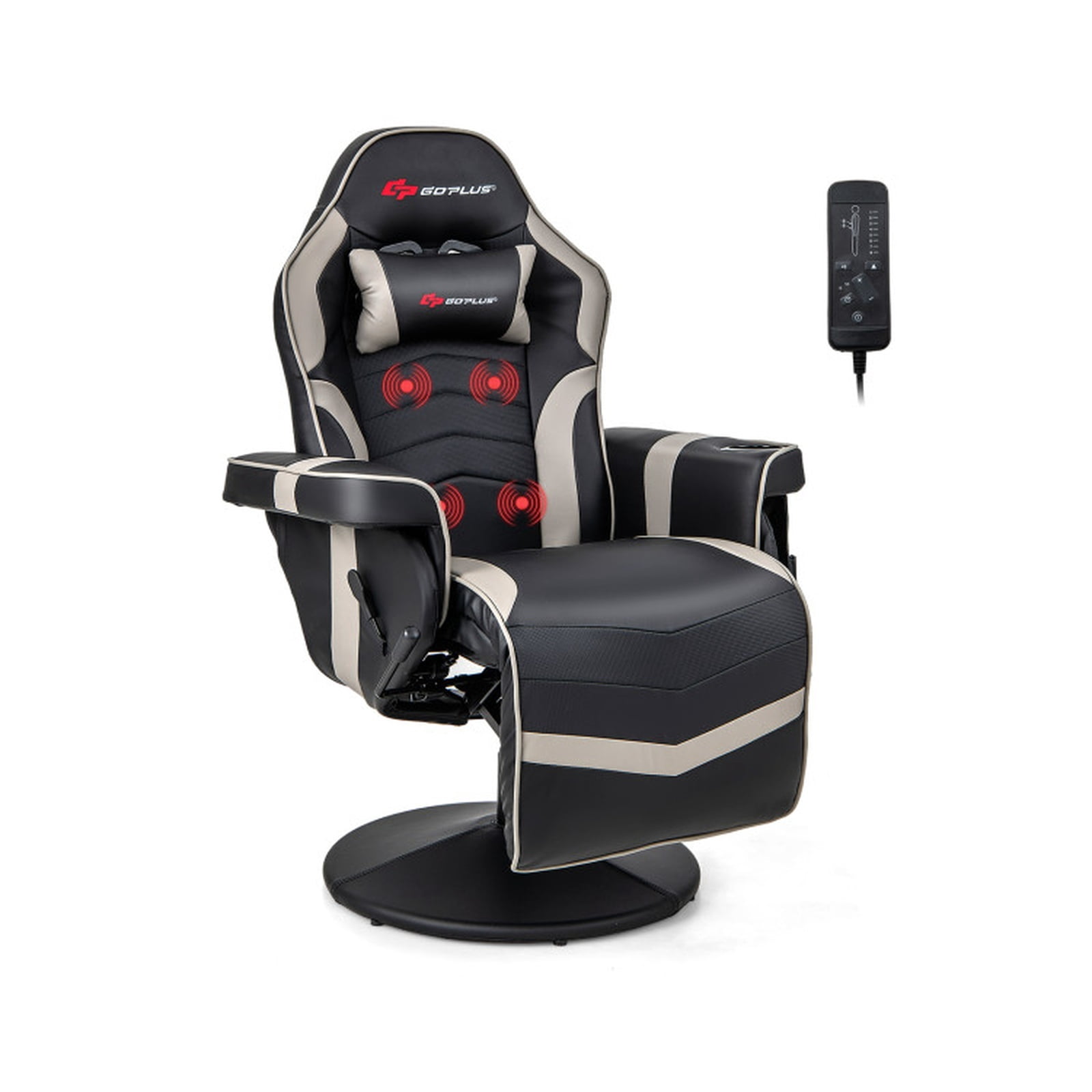 Furnibear Massage Video Gaming Recliner Chair with Adjustable Height Reclining Backrest Removable Headrest and Cup Holder for Gaming and Office, Gray
