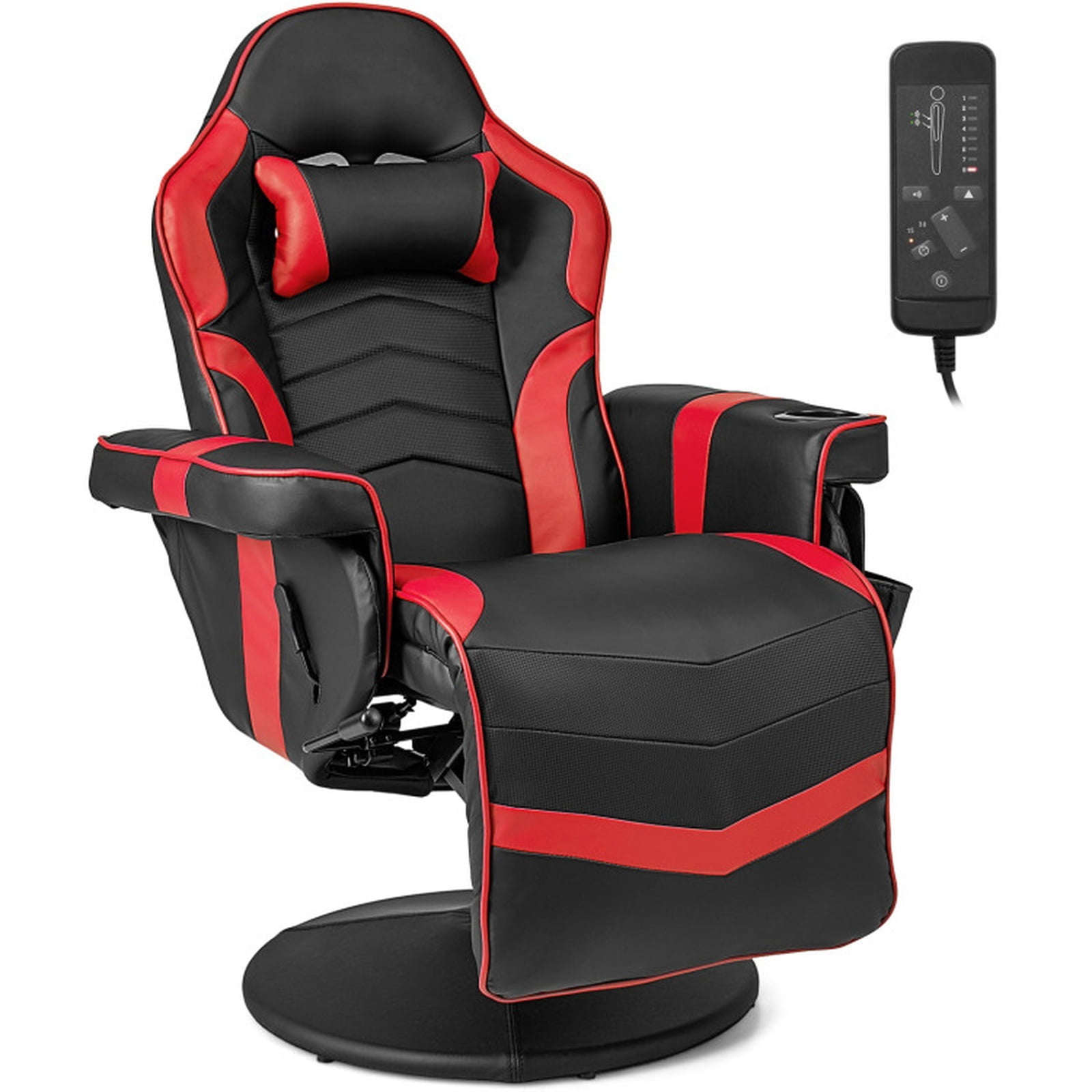 Furnibear Massage Video Gaming Recliner with Reclining Backrest Adjustable Height Retractable Footrest and Side Pocket for Gaming and Office, Red