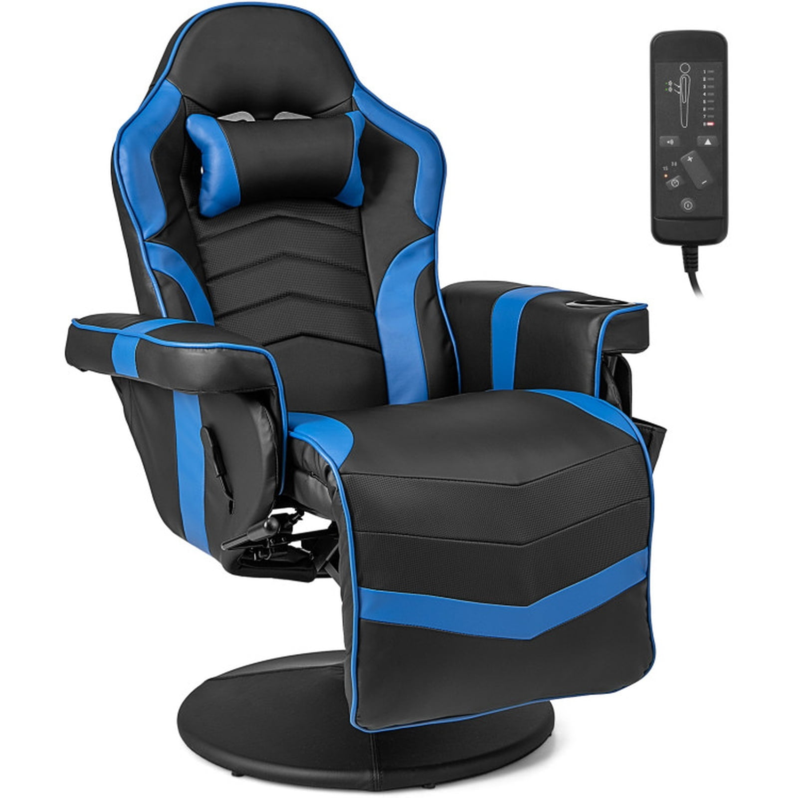 Furnibear Massage Video Gaming Recliner with Reclining Backrest Retractable Footrest Adjustable Height and Side Pocket for Gaming and Office, Blue
