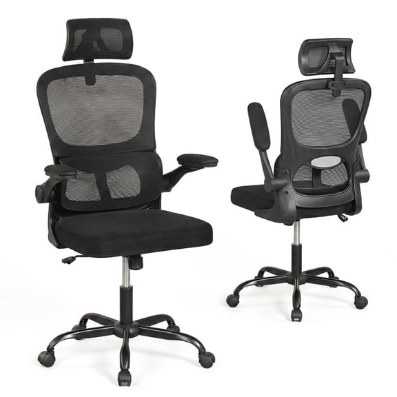 Furnibear Mesh Office Chair with Adaptive Lumbar Support Flip up Armrests Reclining Backrest, Black