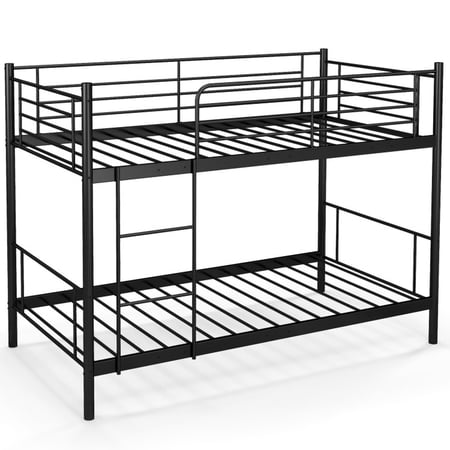 Furnibear Twin Over Twin Metal Bunk Bed with Ladder and Full-Length Guardrails for Kids Bedroom Guest Room and Apartment, Black