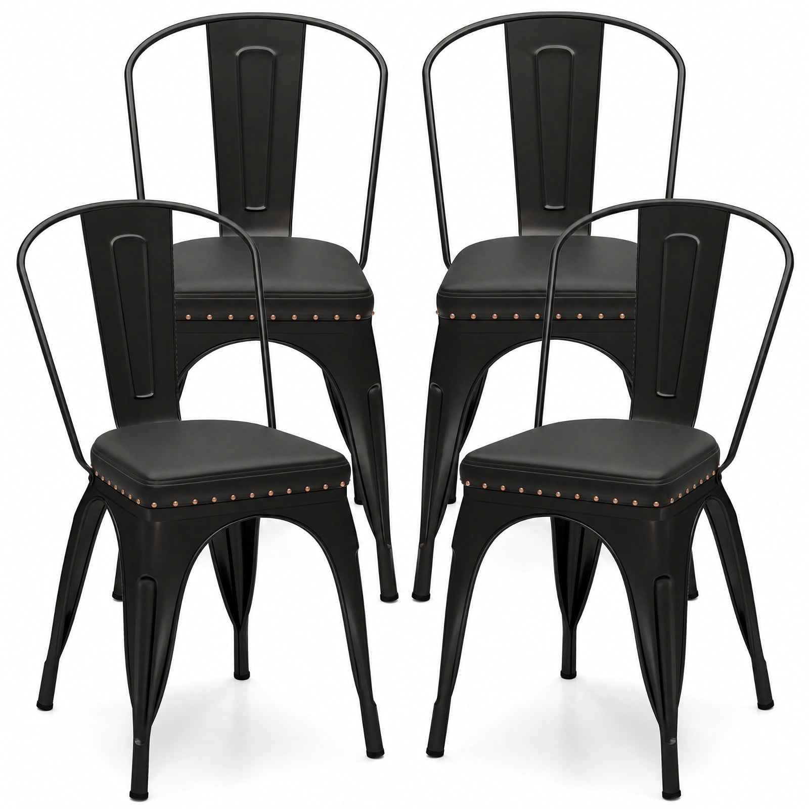 Furnibear Metal Dining Chair Set of 4 Stackable Kitchen Chairs with Removable Backs and PU Leather Cushioned Seat for Kitchen Dining Room, Black