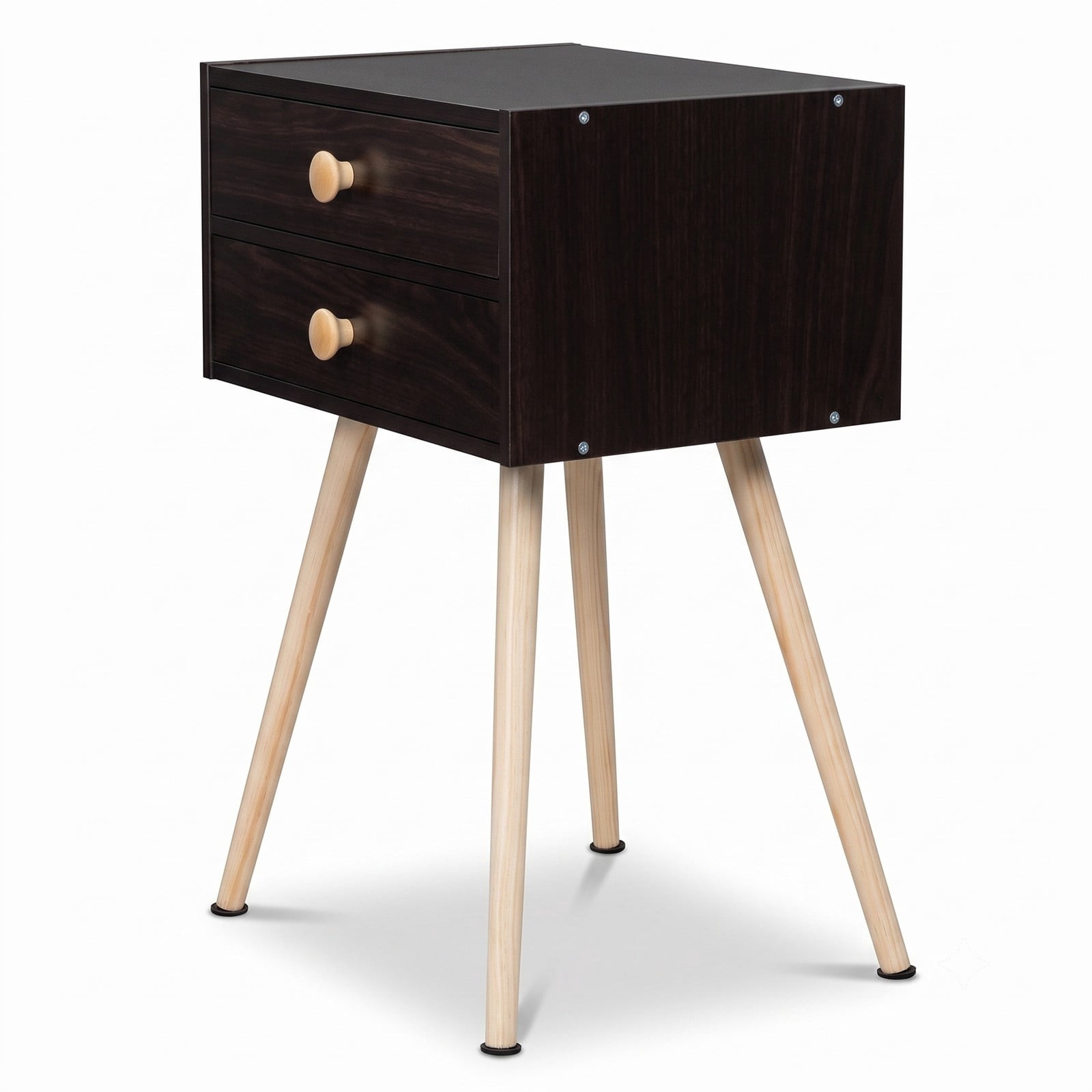 Furnibear Mid Century 2-Drawer Nightstand with Angled Solid Wood Legs and Anti-Tipping Kit for Bedroom and Living Room, Espresso