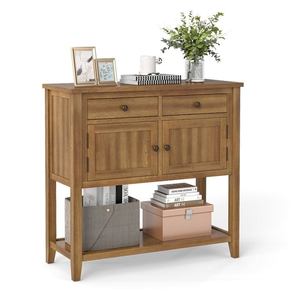 Furnibear Mid-Century Console Table Wood Coffee Bar Buffet Sideboard with 2 Drawers - Walnut - Living Room Center Table