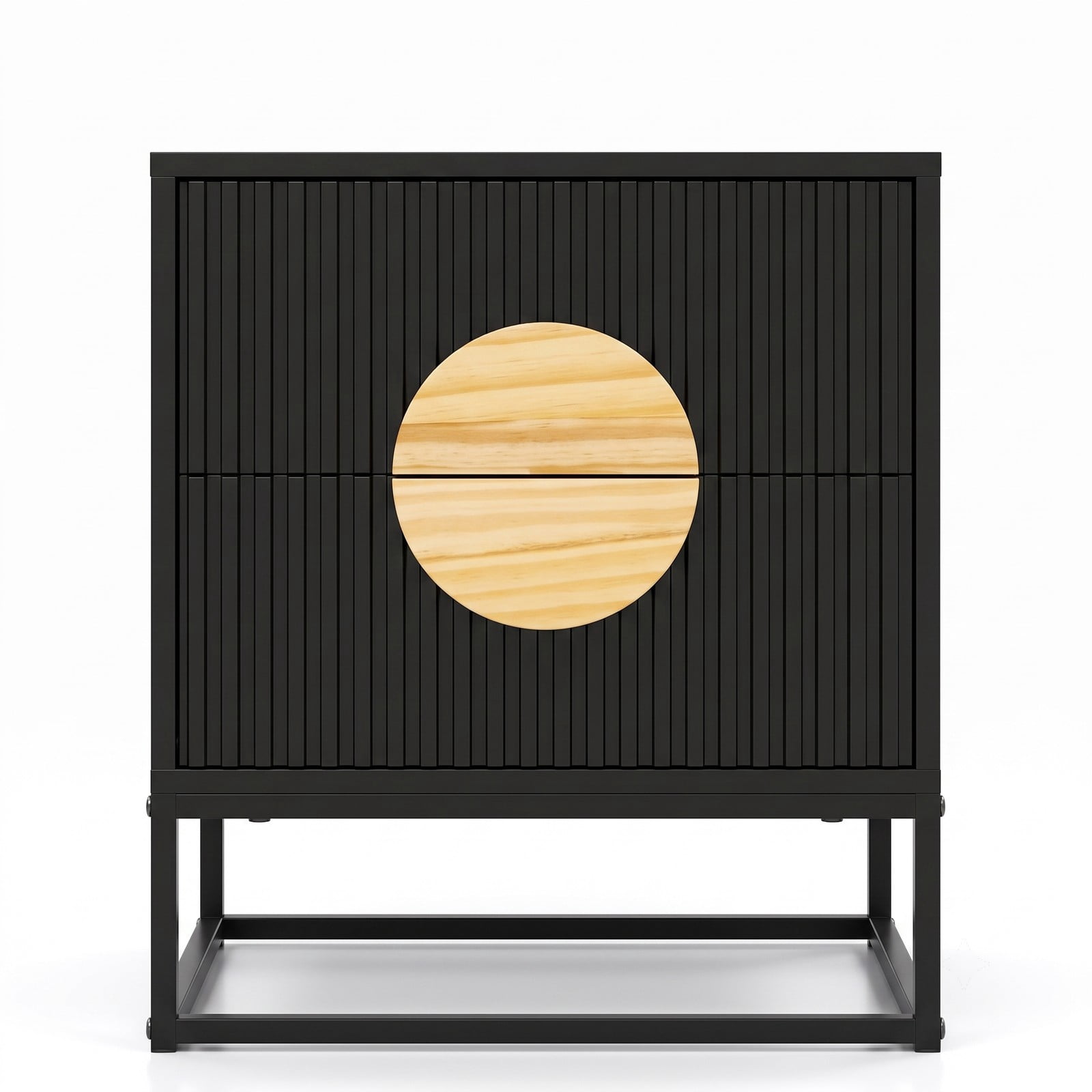 Furnibear Mid Century Fluted 2-Drawer Nightstand with Natural Pine Wood Handle and Metal Base for Bedroom, Black and Natural