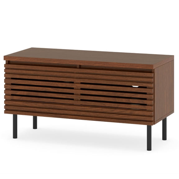 Furnibear Mid-Century Fluted TV Stand for 40 Inch TV, Compact Console with 2 Hidden Compartments and Metal Legs, Walnut