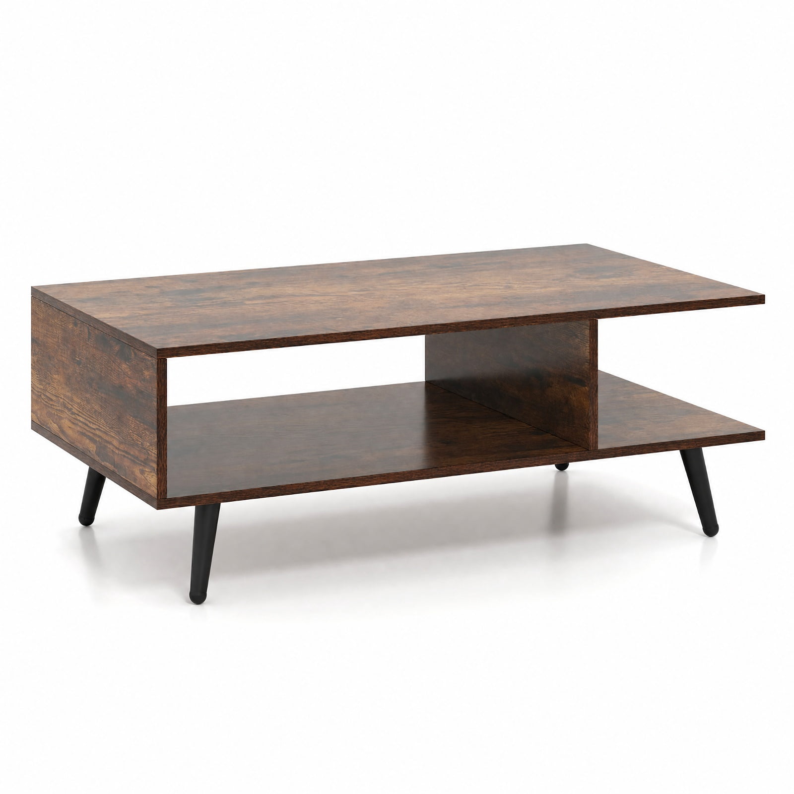 Furnibear Mid Century Modern 2-Tier Rectangle Coffee Table with Two Open Compartments and Tapered Metal Legs for Living Room, Rustic Brown