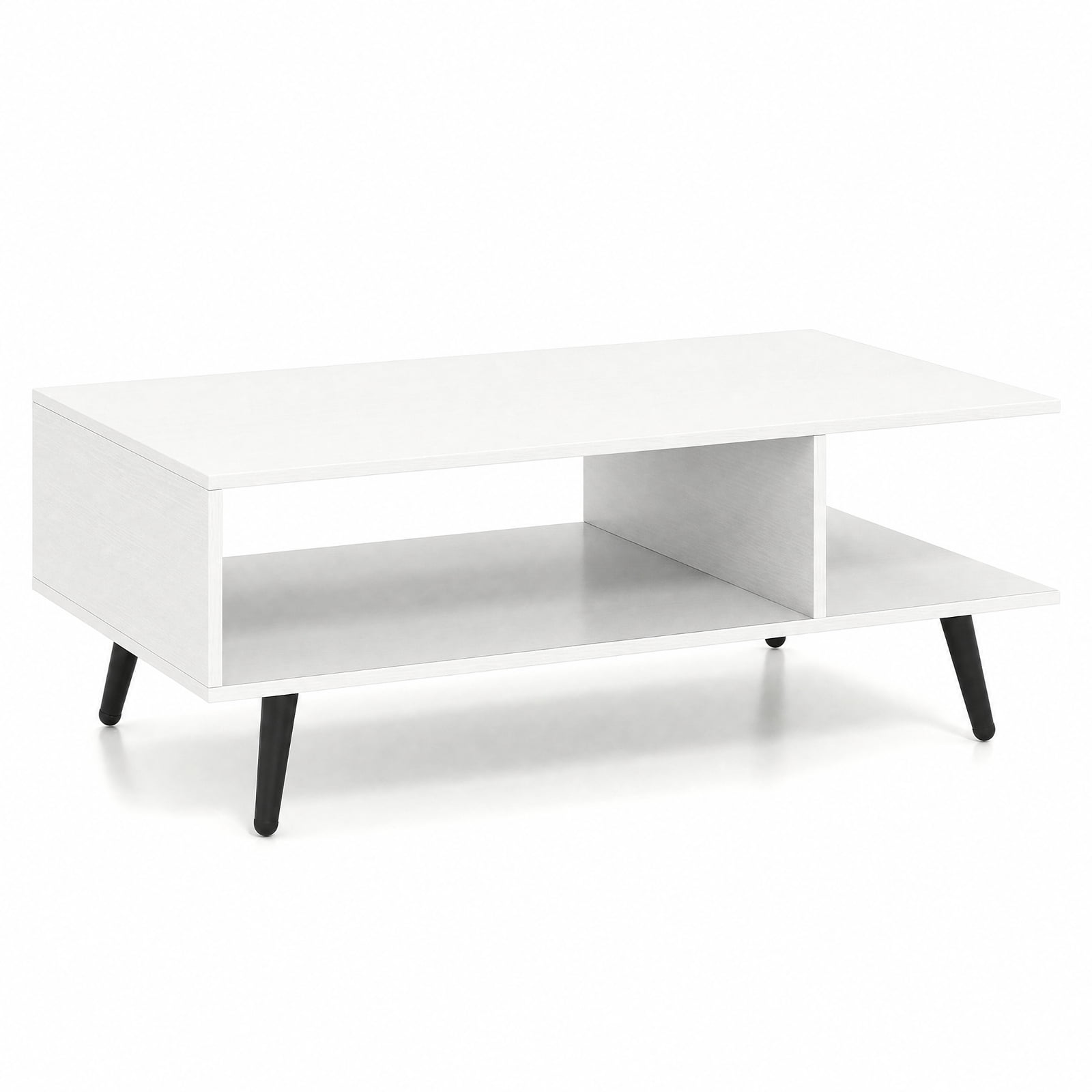 Furnibear Mid Century Modern 2-Tier Small Coffee Table with Two Open Compartments and Tapered Metal Legs for Apartment Living Room, White