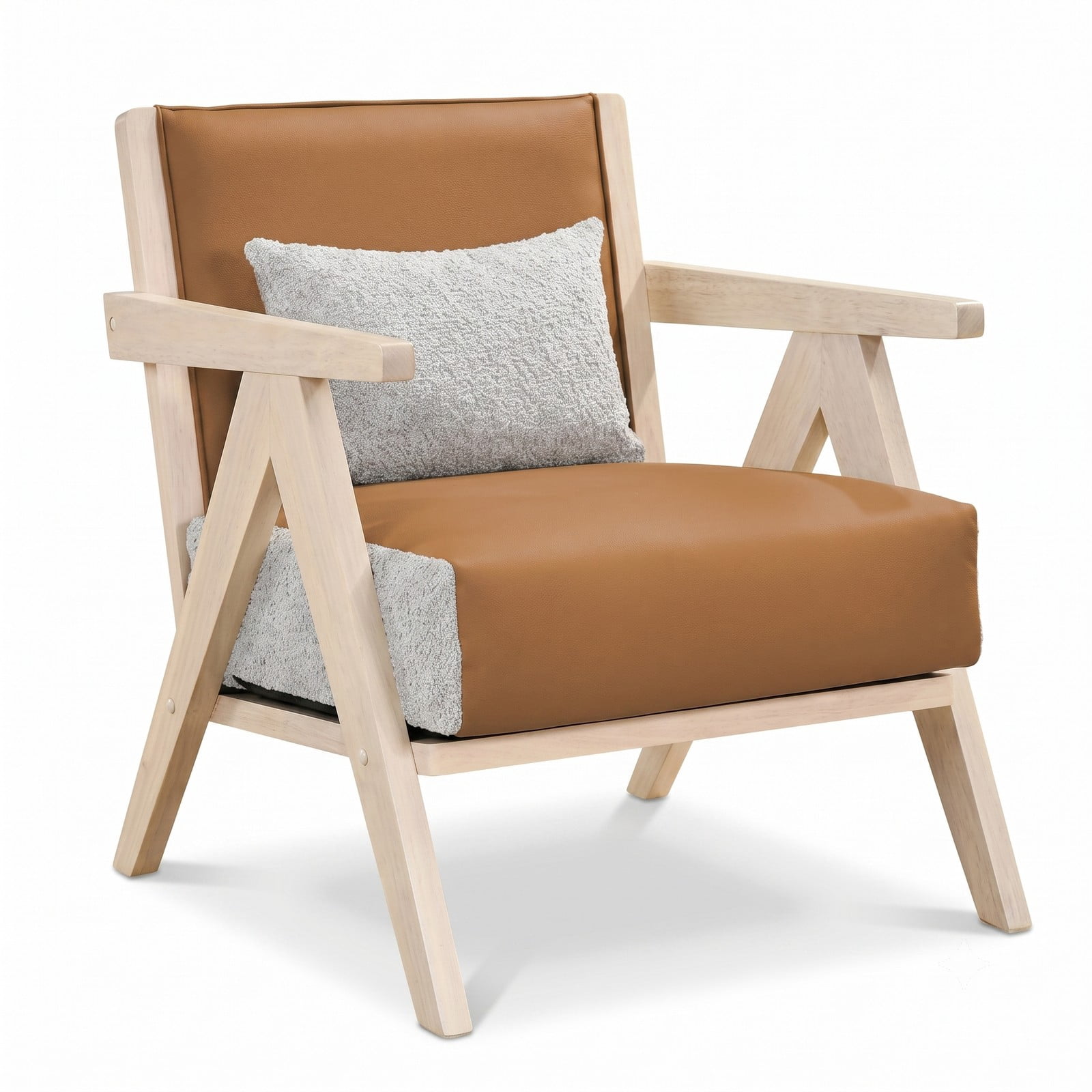 Furnibear Mid-Century Modern Accent Chair, Faux Leather Upholstered Armchair with Chenille Fabric, Rubber Wood Frame, Pocket Spring Cushion for Living Room, Brown