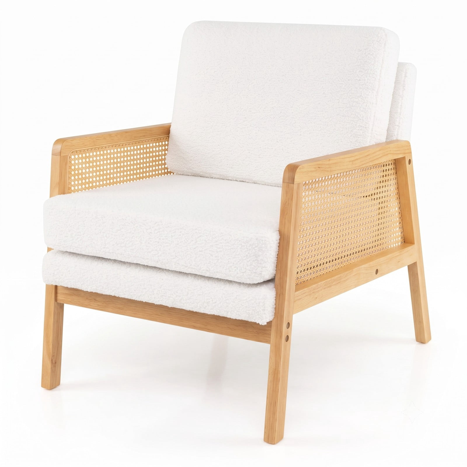 Furnibear Mid Century Modern Accent Chair with PE Rattan Arms, Sherpa Fabric Upholstered Armchair with Removable Cushion and Backrest Pillow for, Natural Brown & Beige