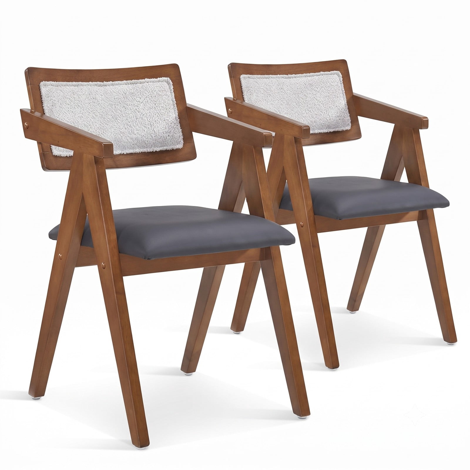 Furnibear Mid Century Modern Accent Chairs Set of 2, Upholstered Leathaire Armchair with Solid Rubber Wood Frame, Sherpa Backrest Living Room Bedroom Side Chair, Walnut