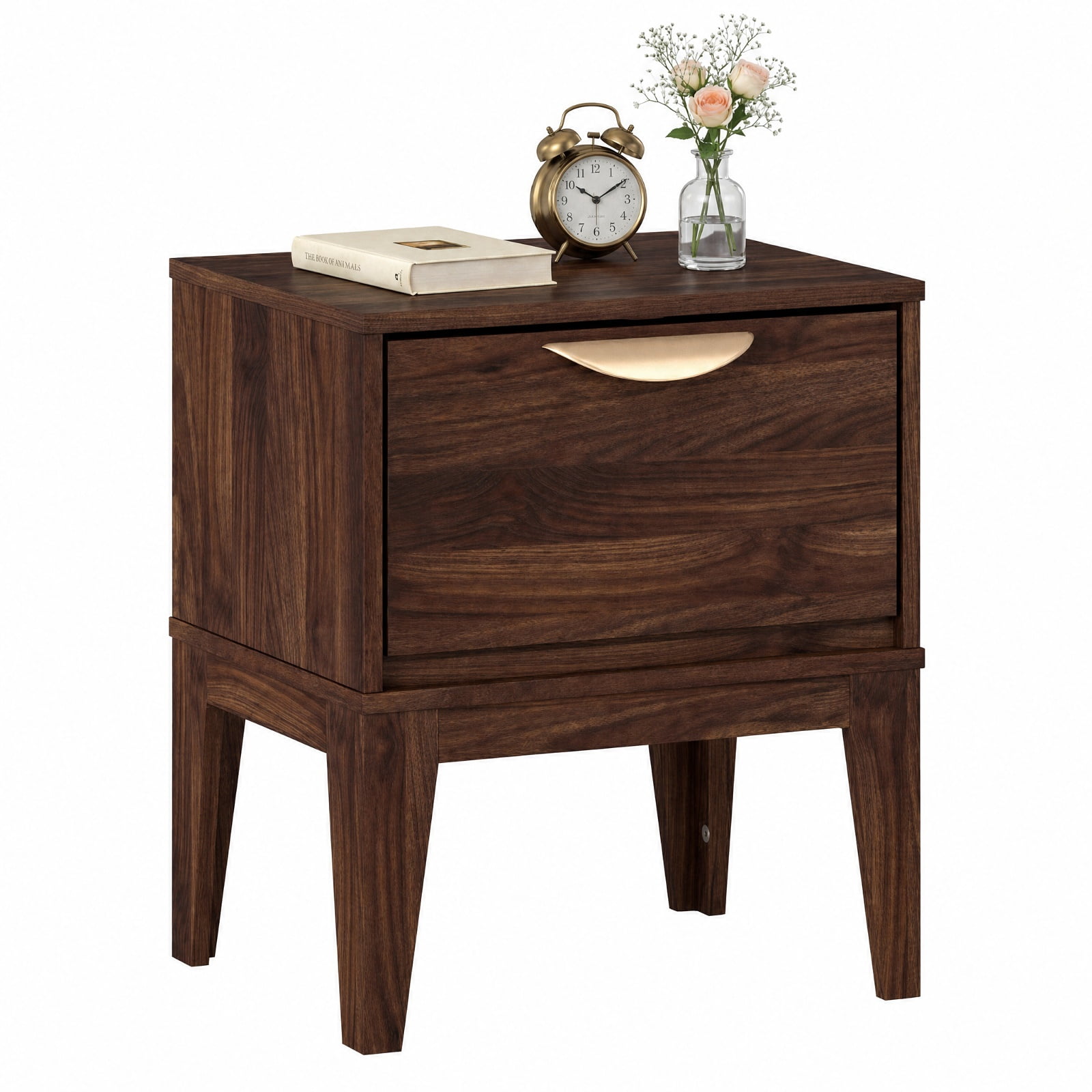 Furnibear Mid Century Modern Bedside Table with Drawer and Tapered Support Feet for Bedroom for Bedroom Living Room Bedside Sofa Side Small, Walnut