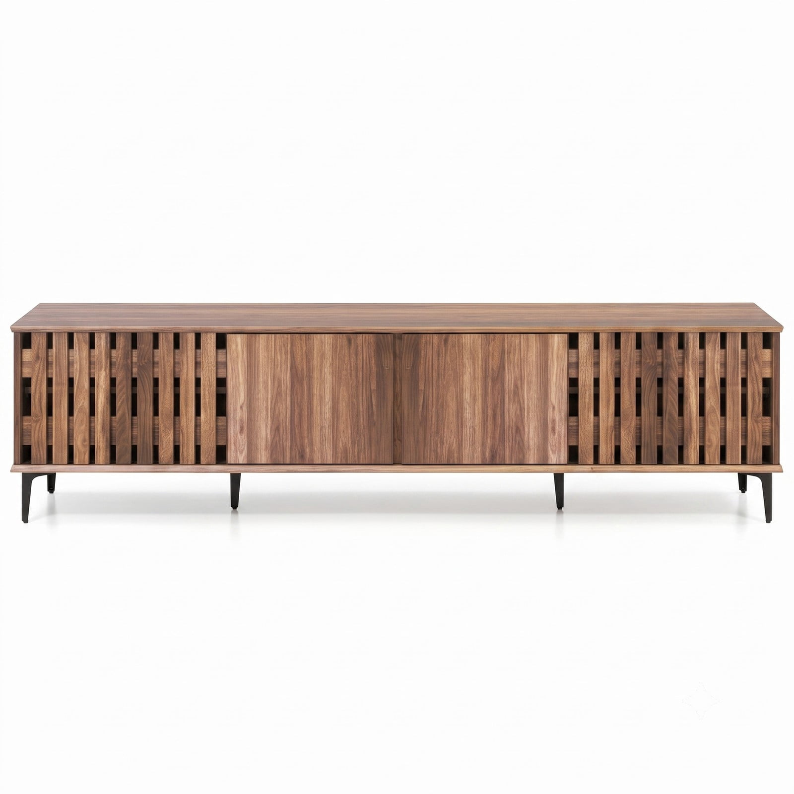 Furnibear Mid Century Modern Entertainment Center, 71 Inch TV Stand for TVs up to 80 Inch, Media Console with 4 Storage Cabinets and Slatted Doors, Wood TV, Walnut