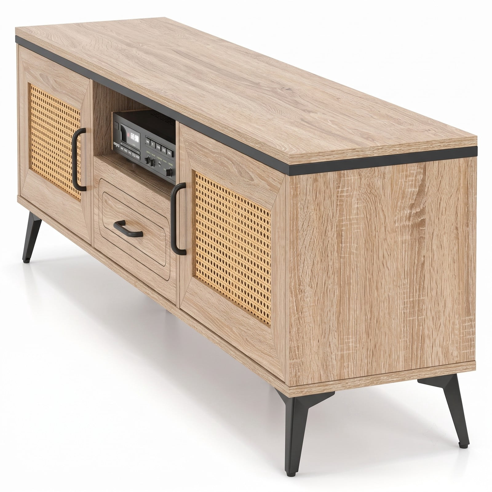 Furnibear Mid Century Modern Entertainment Center TV Stand for 65 Inch TV with 2 Cabinets, Storage Drawer and Cable Management, Faux Rattan Media Console with, Oak