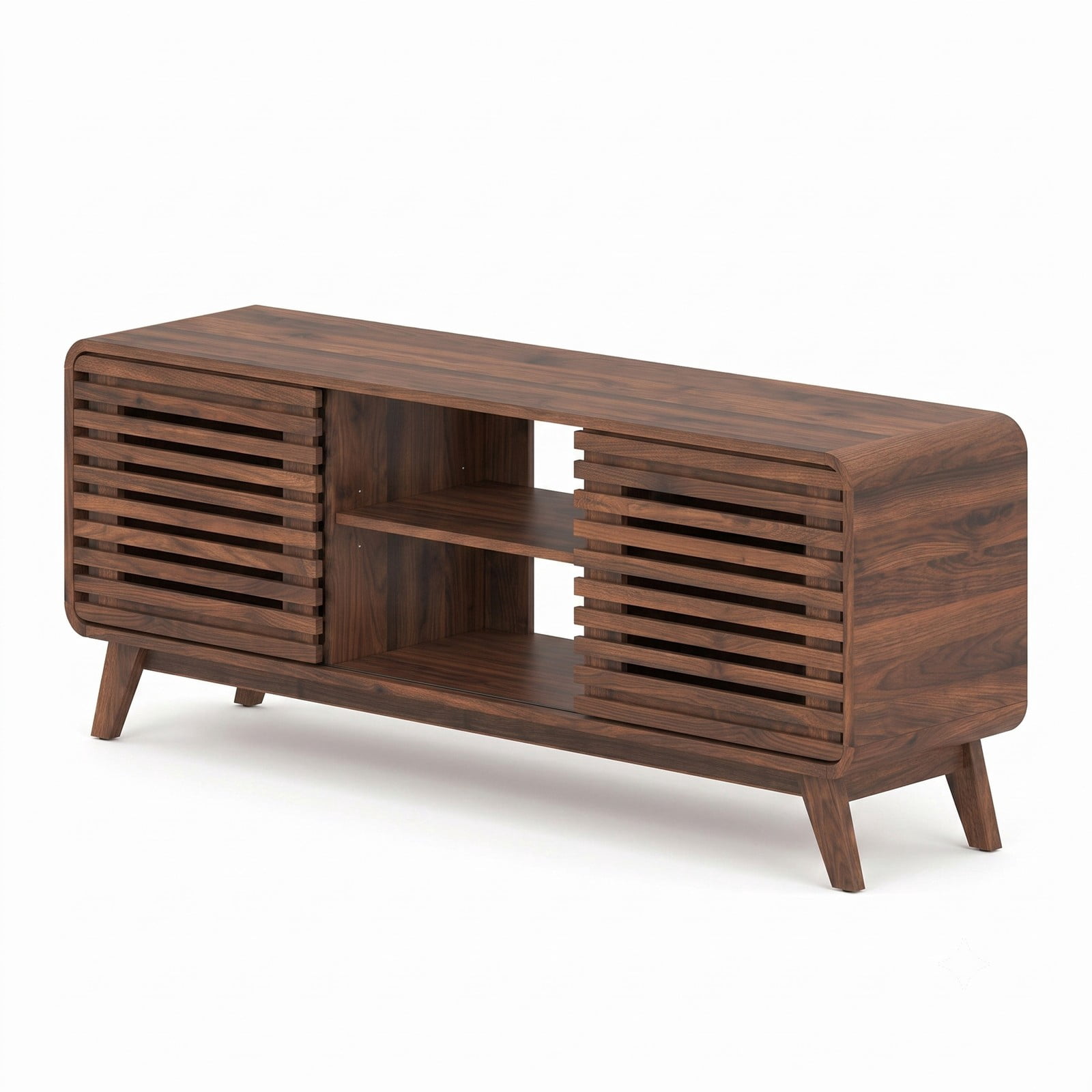 Furnibear Mid Century Modern Entertainment Center, TV Stand for TVs up to 65 Inch with Grille-Style Sliding Doors and 3 Adjustable Shelves, Media Console, Walnut