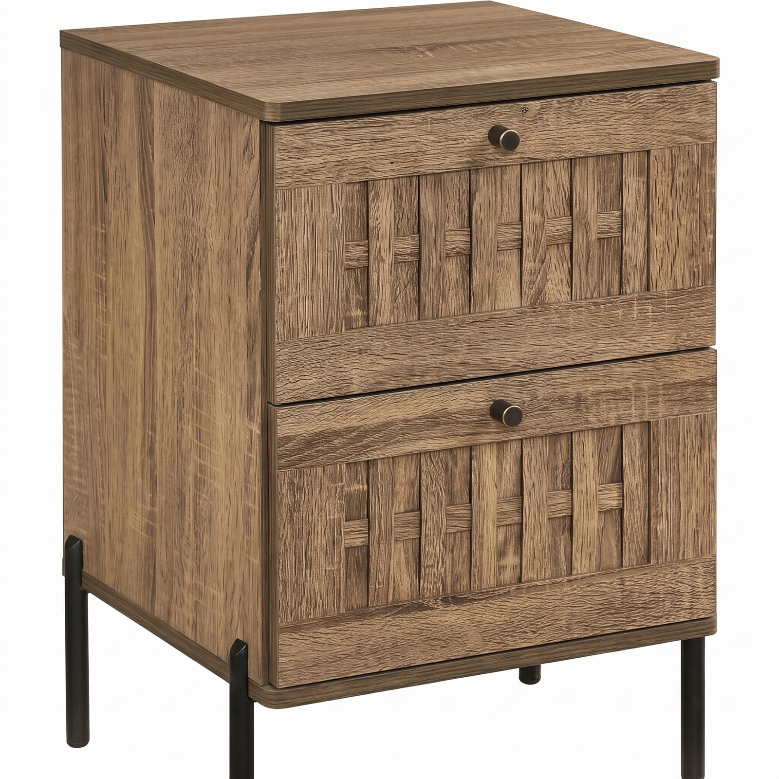 Furnibear Mid Century Modern Nightstand End Table with 2 Storage Drawers and Metal Legs for Bedroom Living Room, Rustic Oak