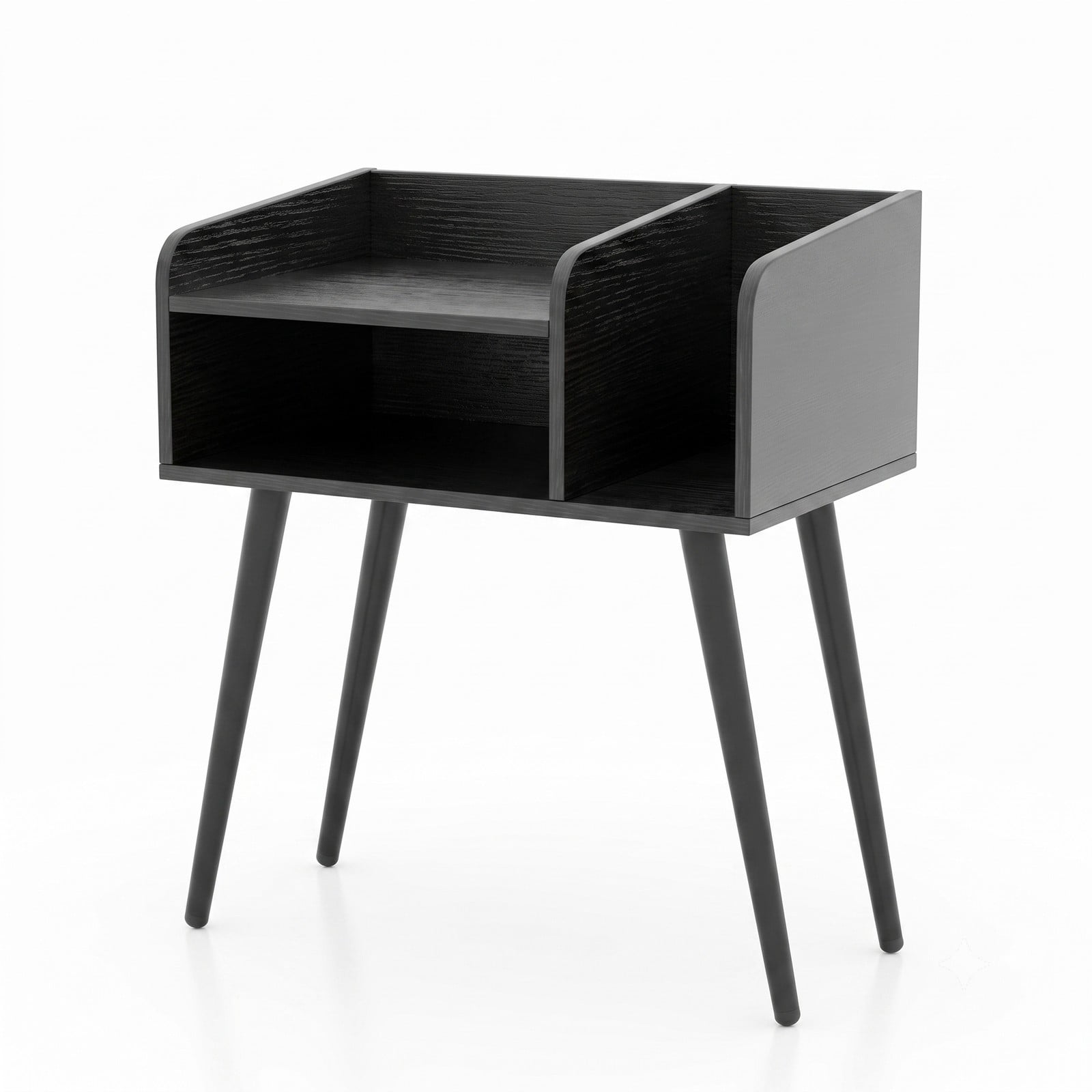 Furnibear Mid Century Modern Nightstand with Open Shelves and Metal Legs for Bedroom Living Room and Small Spaces as a Bedside End Table, Black