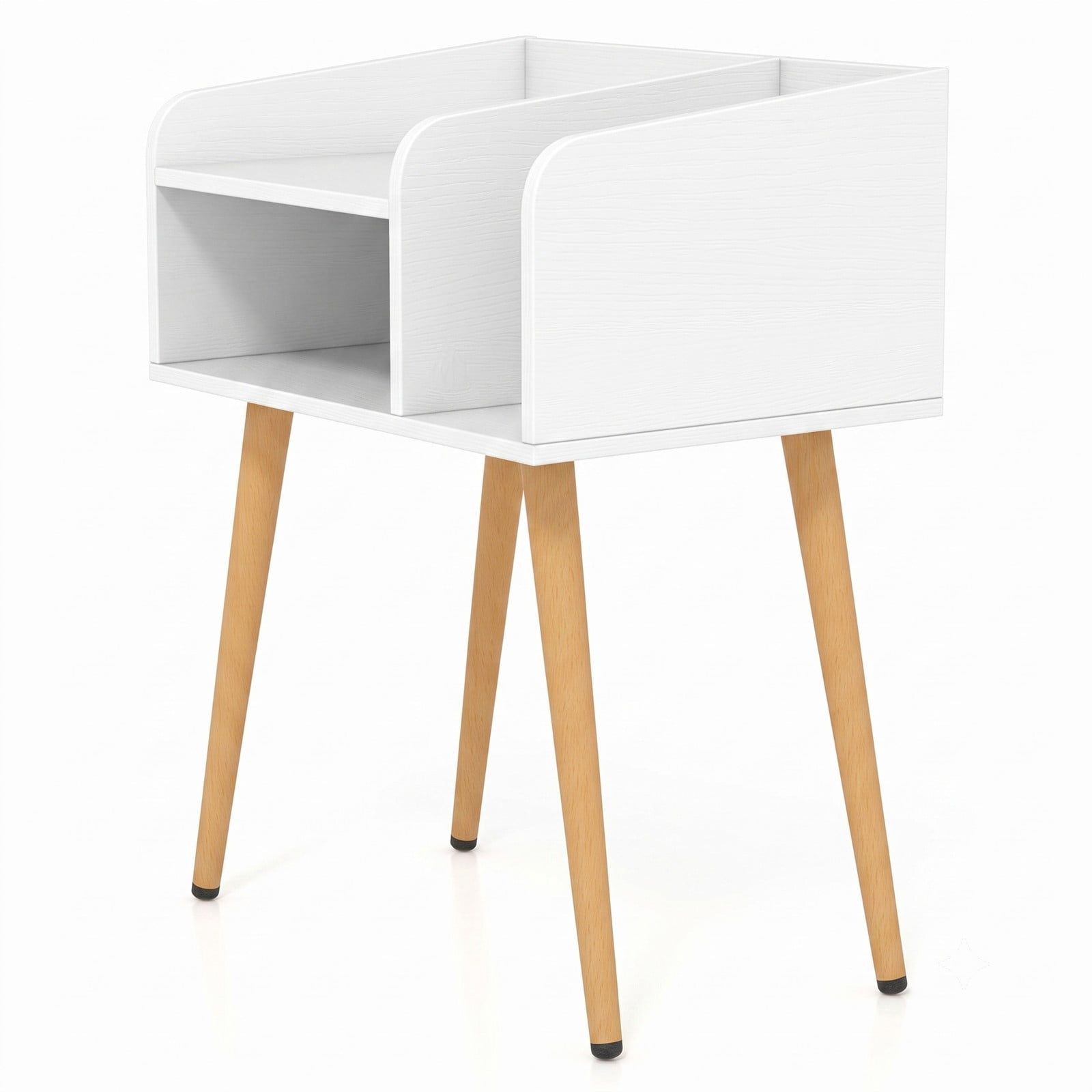 Furnibear Mid Century Modern Nightstand with Open Shelves and Wood Legs for Bedroom Living Room and Small Spaces as a Bedside End Table, White