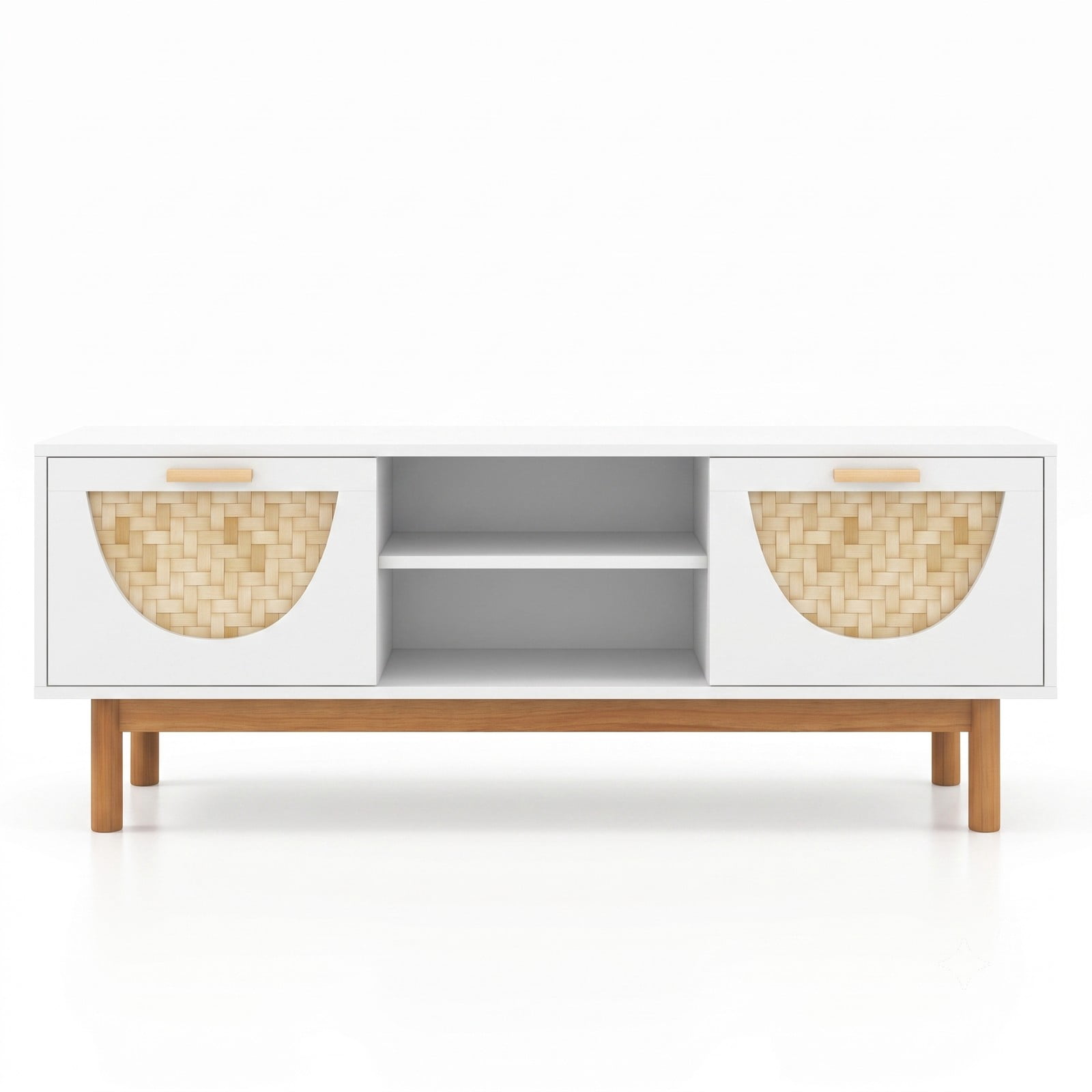 Furnibear Mid Century Modern TV Stand Entertainment Center for 55 Inch TV, Wood Media Console with 2 Drawers, 2 Open Shelves and Bamboo Woven, White and Natural
