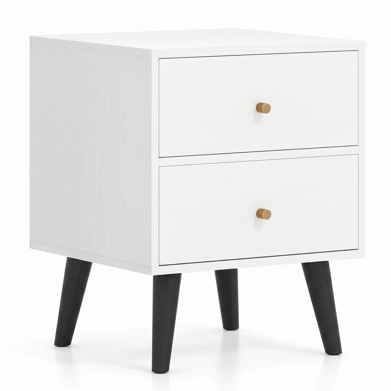 Furnibear Mid Century Nightstand with 2 Drawers and Golden Knobs and Tapered Legs for Bedside Storage in the Bedroom and Living Room, White