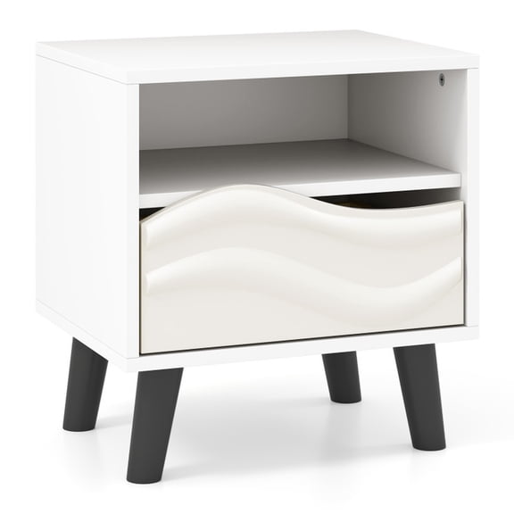 Furnibear Mid-Century Nightstand with 3D Wavy Pattern, Bedside Table End Table with Open Shelf, White