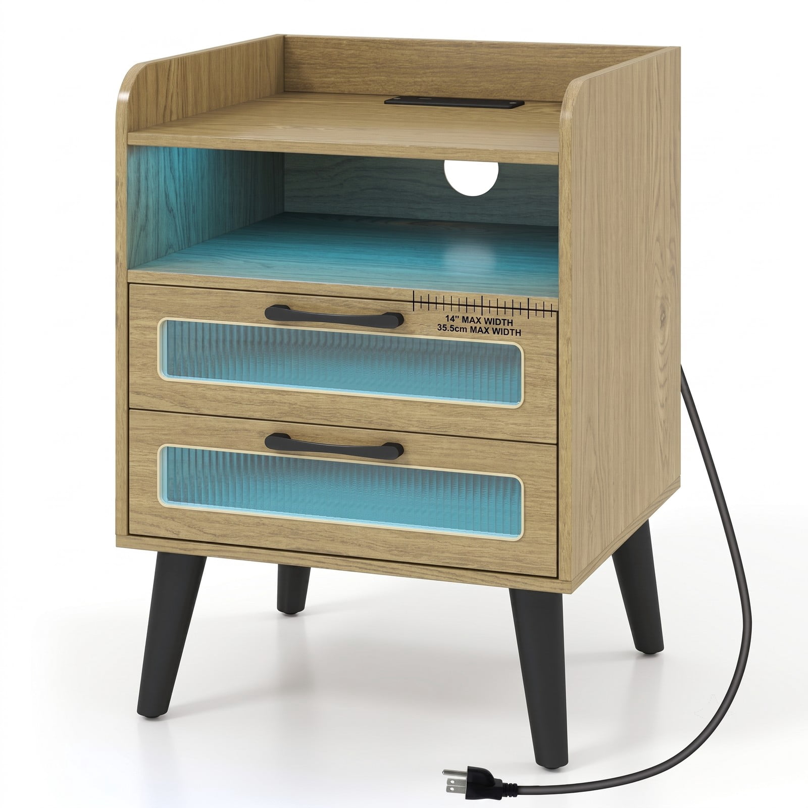 Furnibear Mid Century Nightstand with Charging Station and LED Lights, Bedside Table with 2 Drawers and Open Shelf for Bedroom, Natural